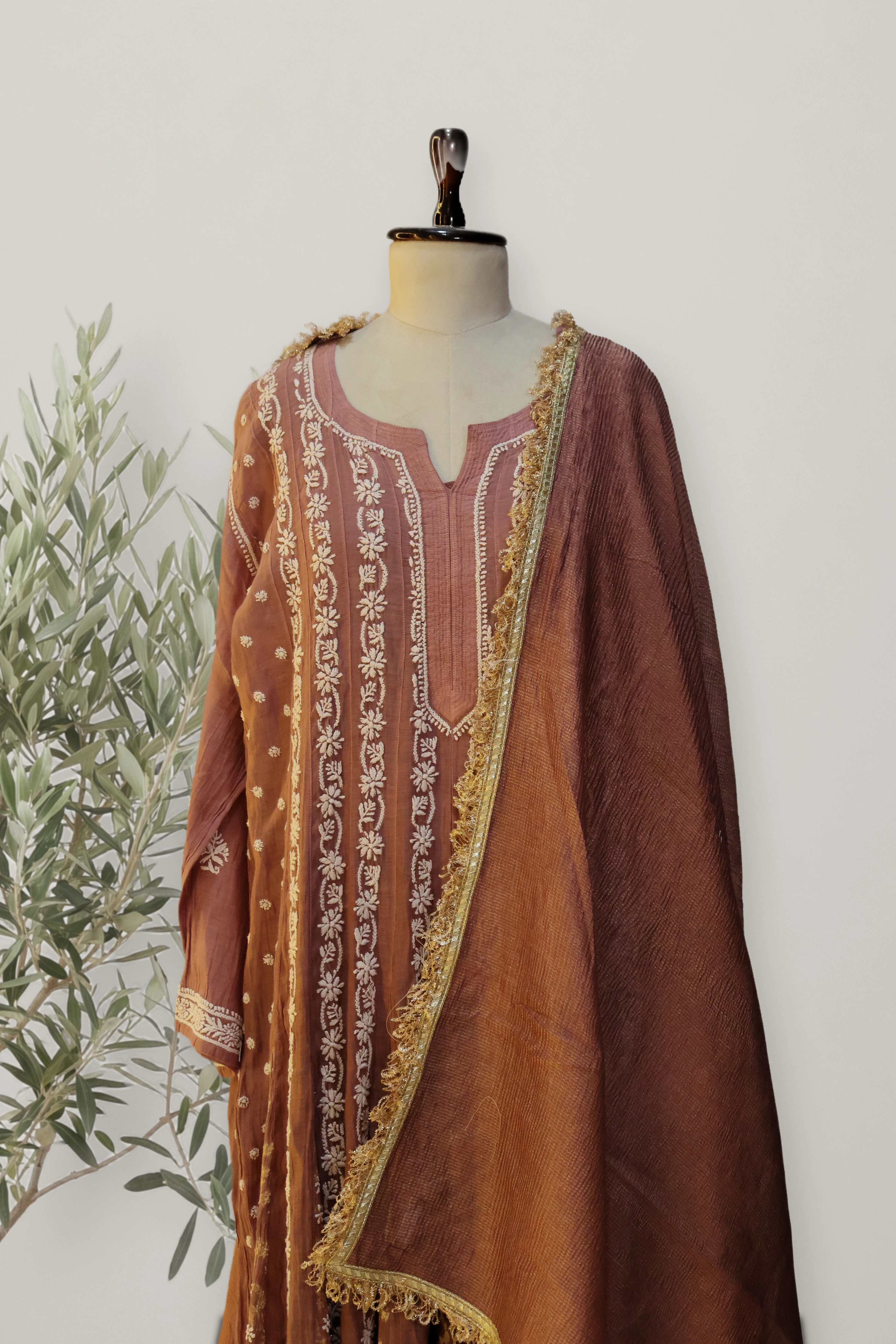 Evaramauve Lucknowi Chikankari Chanderi Tissue Suit: a detail of the work. Chikankari Chanderi.
