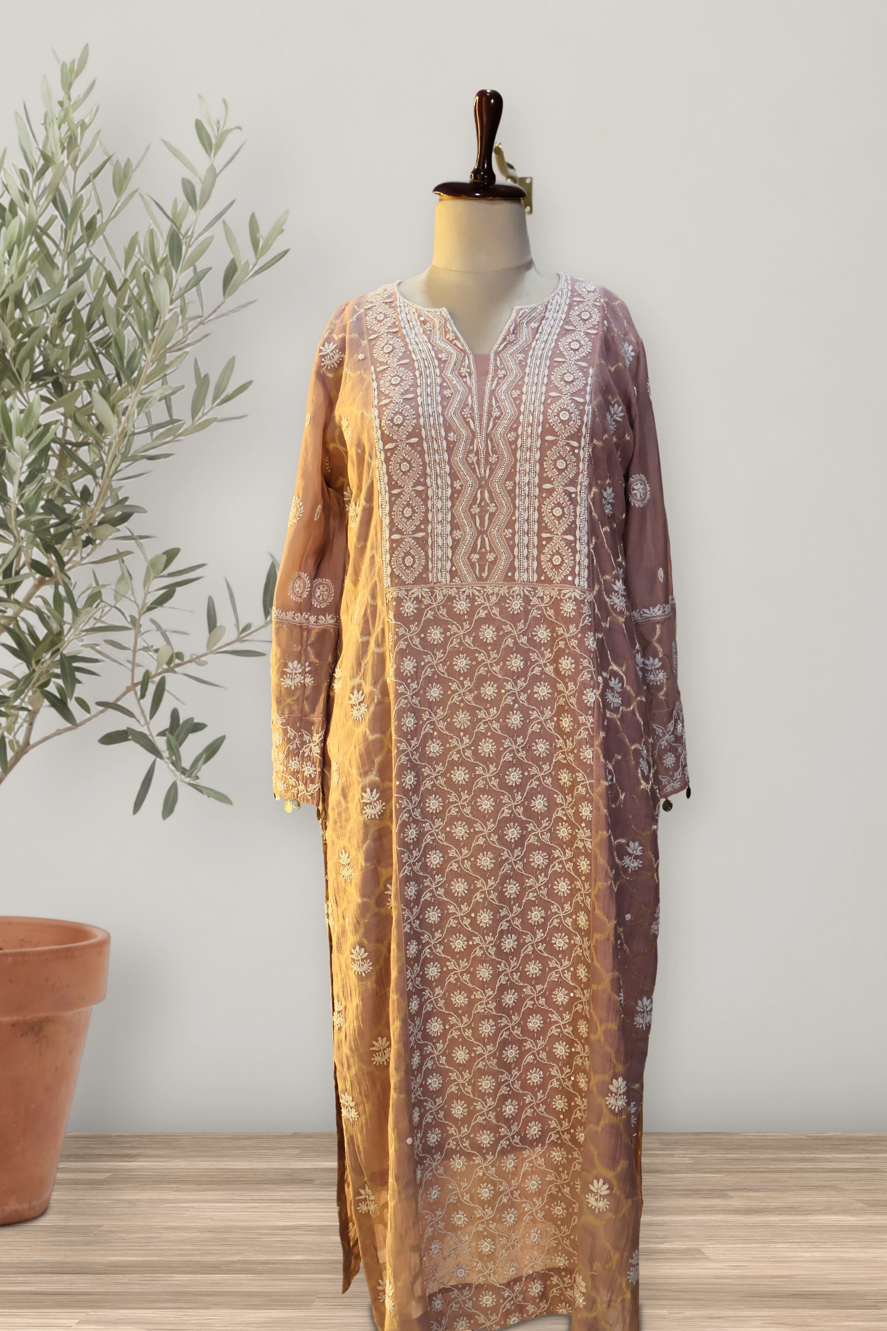Noore Mauve Lucknowi Chikankari Chanderi Tissue Suit: a detail of the work. Chikankari Chander.