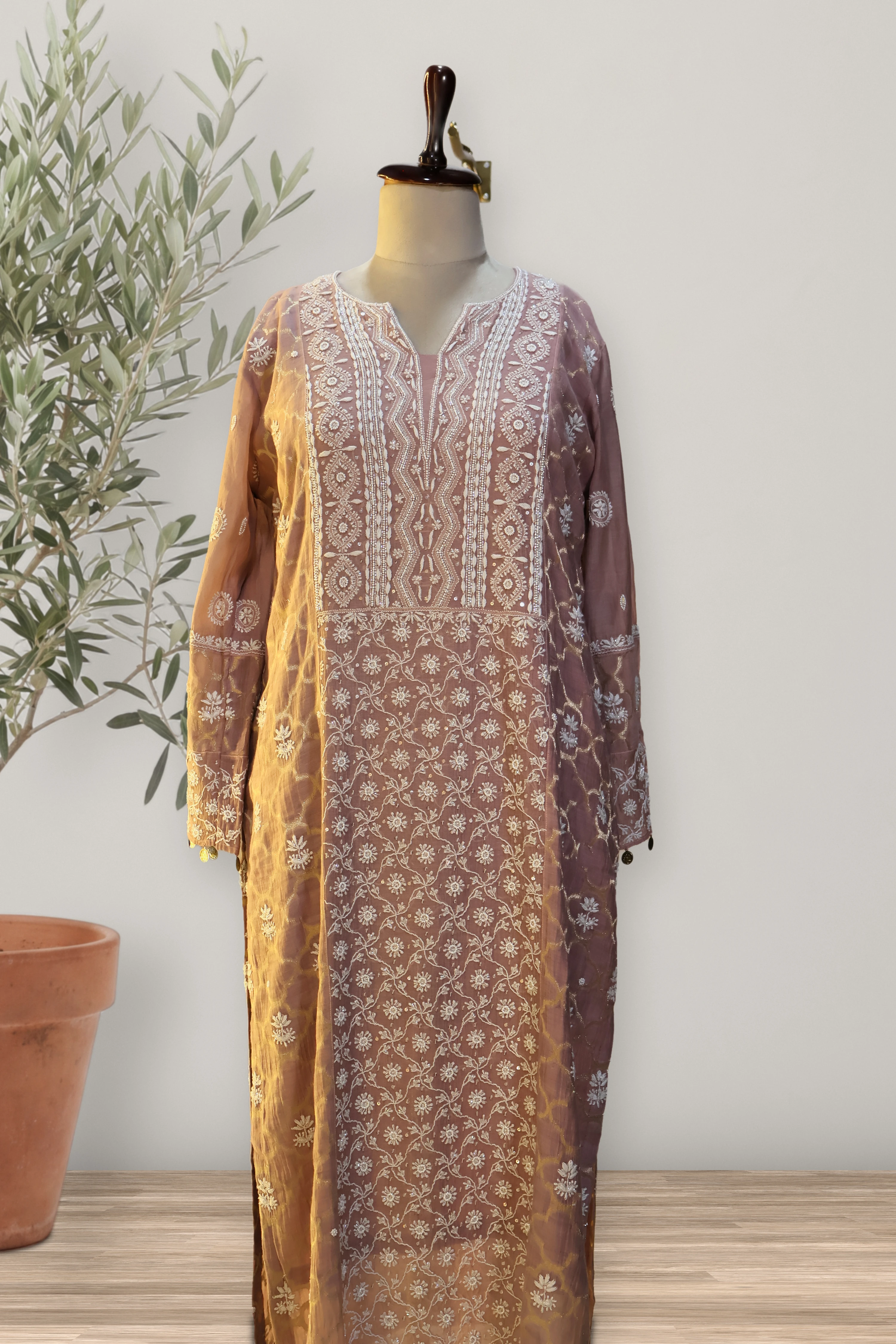 Noore Mauve Lucknowi Chikankari Chanderi Tissue Suit: a detail of the work. Chikankari Chander.