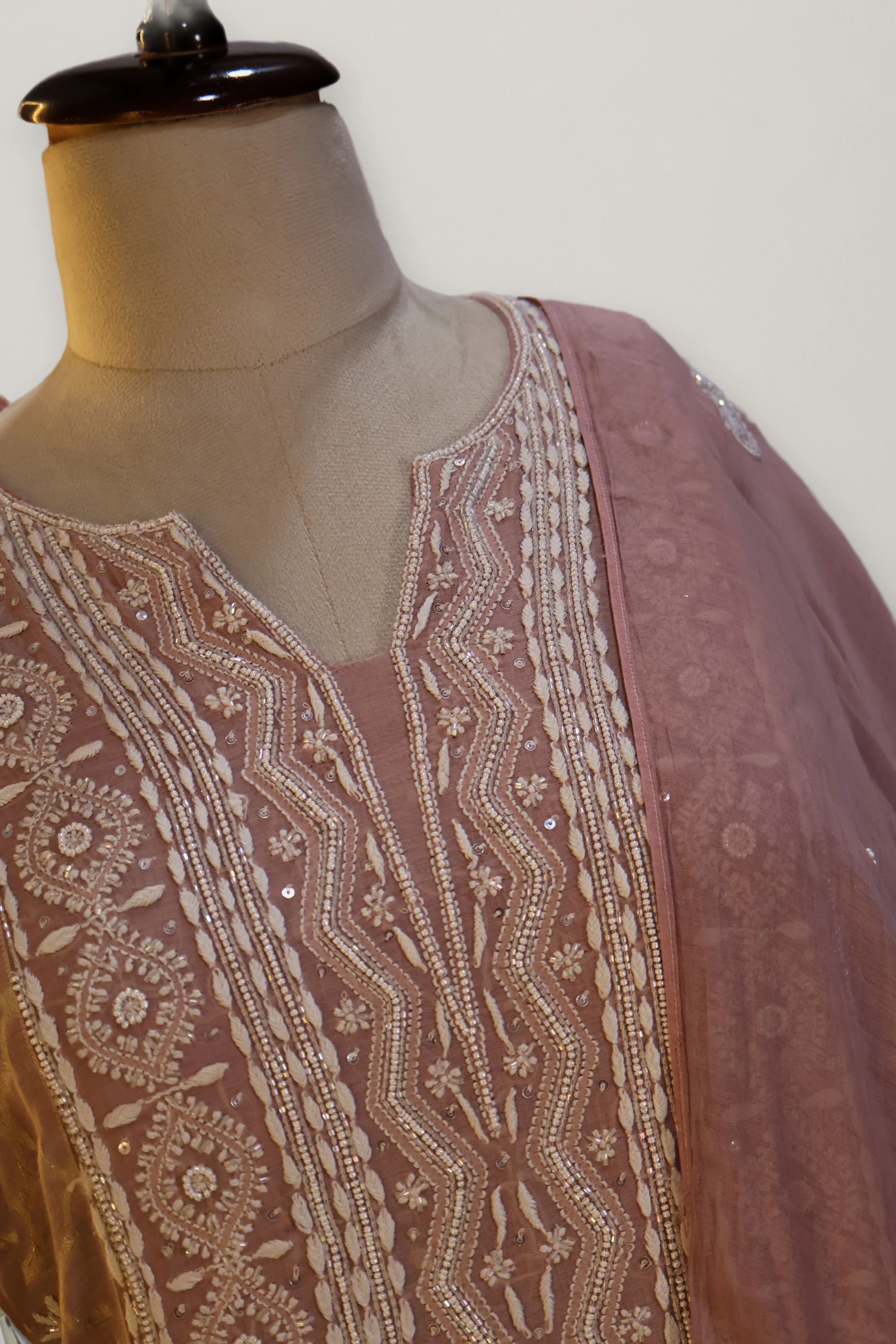 Noore Mauve Lucknowi Chikankari Chanderi Tissue Suit: a detail of the work. Chikankari Chander.