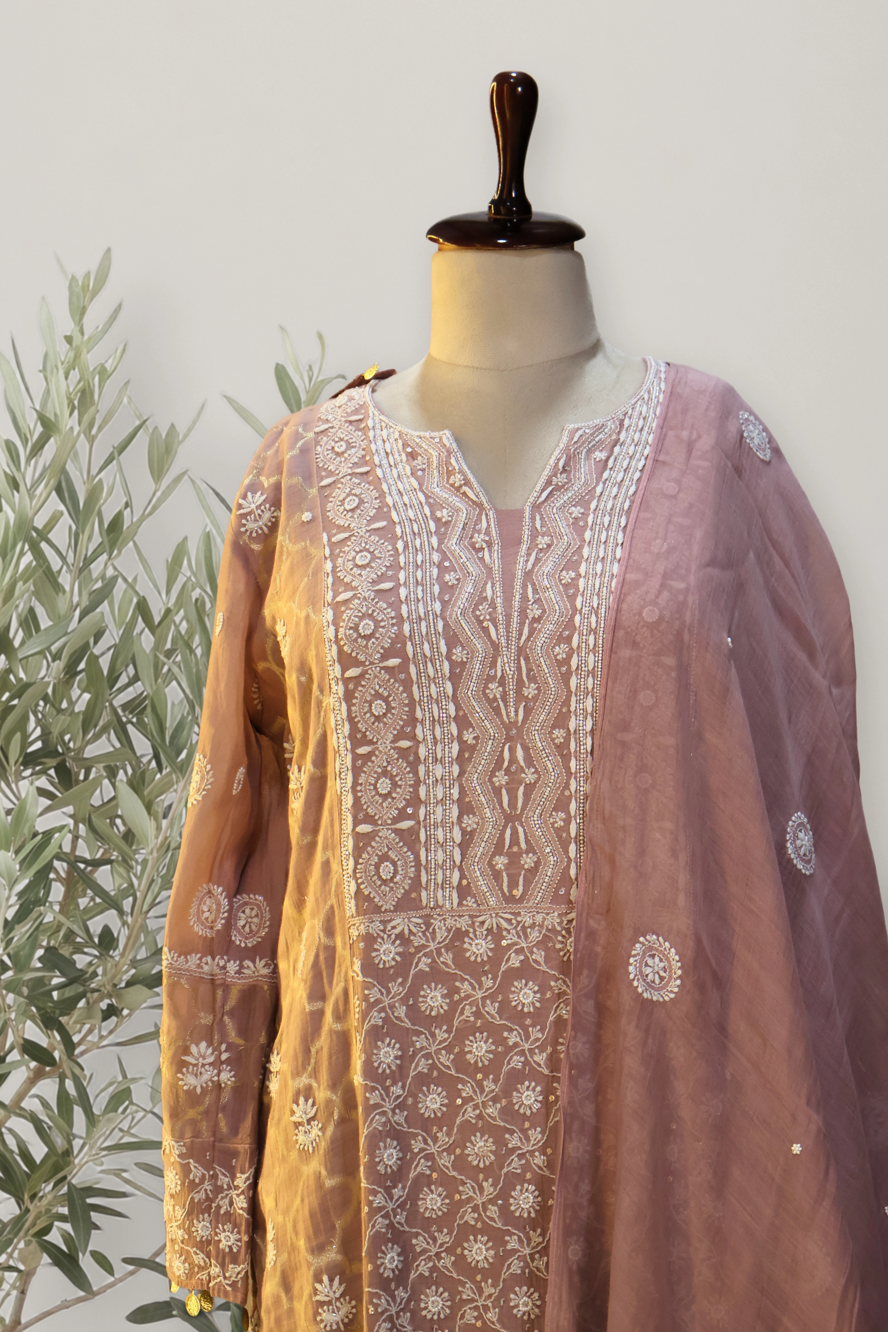 Noore Mauve Lucknowi Chikankari Chanderi Tissue Suit: a detail of the work. Chikankari Chander.