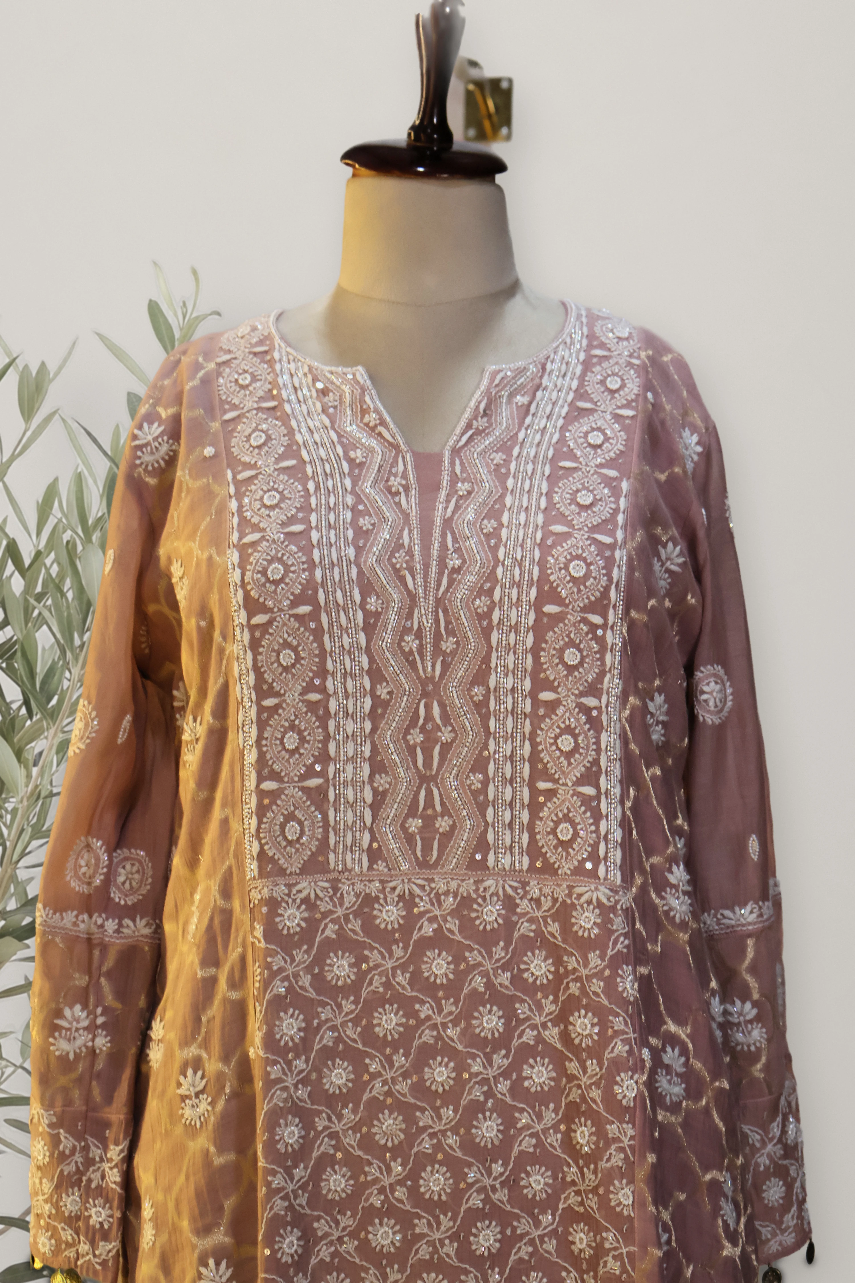 Noore Mauve Lucknowi Chikankari Chanderi Tissue Suit: the whole piece, laid out. Chikankari Chander.