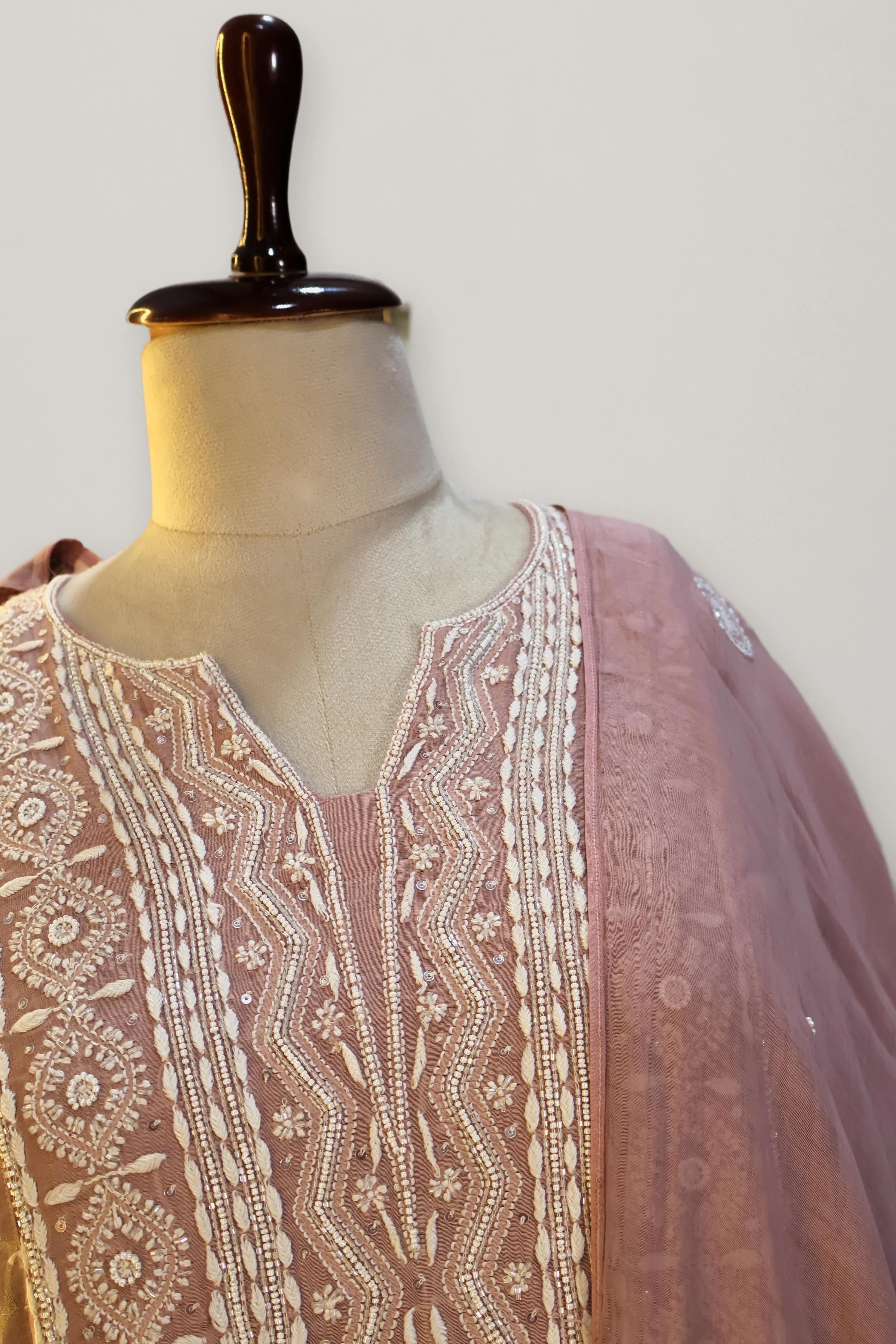 Noore Mauve Lucknowi Chikankari Chanderi Tissue Suit: a detail of the work. Chikankari Chander.