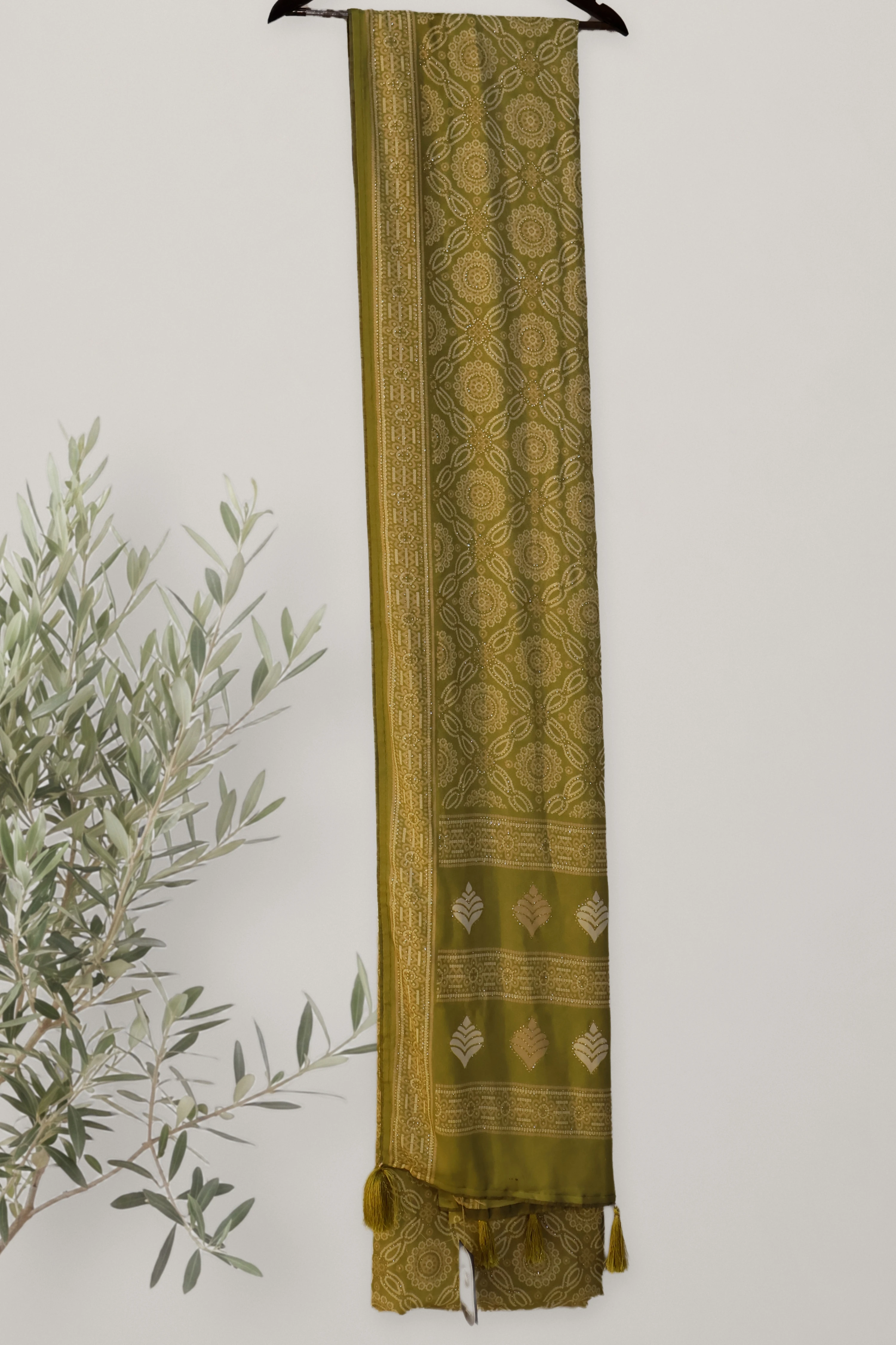 Rai - Bandhani Chiffon: the whole piece, laid out. Chiffon.