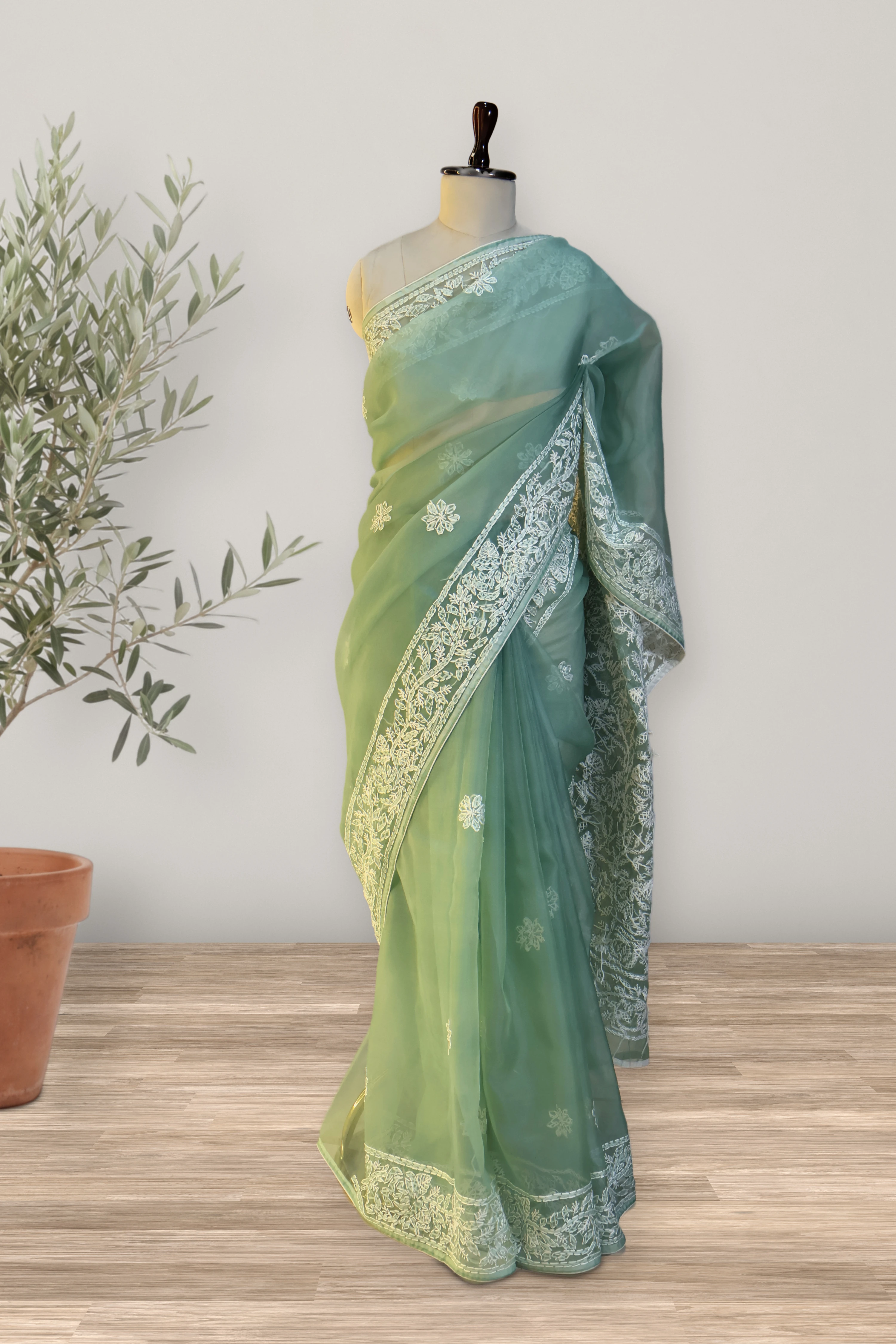 Kantha - Chikankari Organza: the whole piece, laid out. Organza.