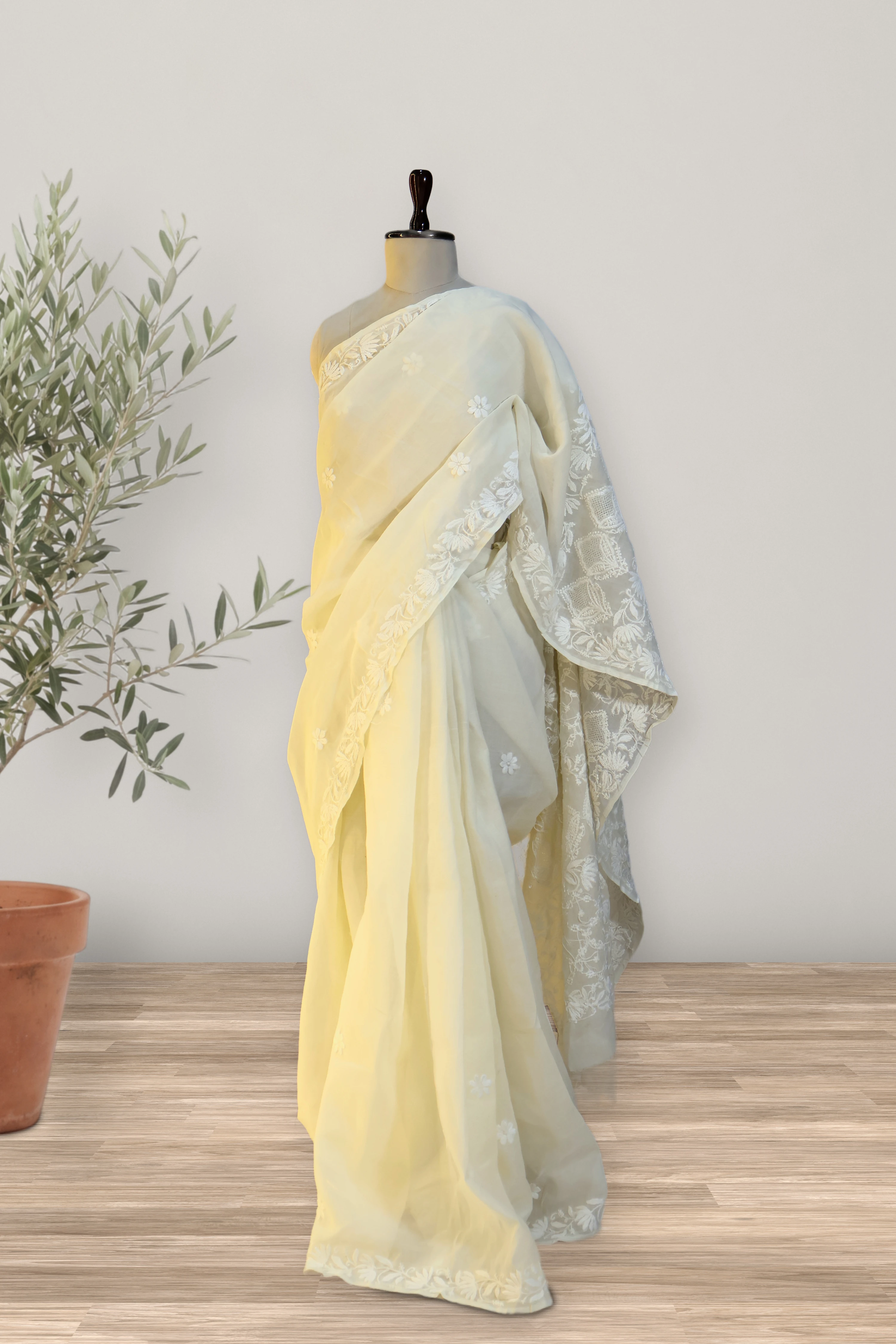 Ivory Chikankari: the whole piece, laid out. Cotton.