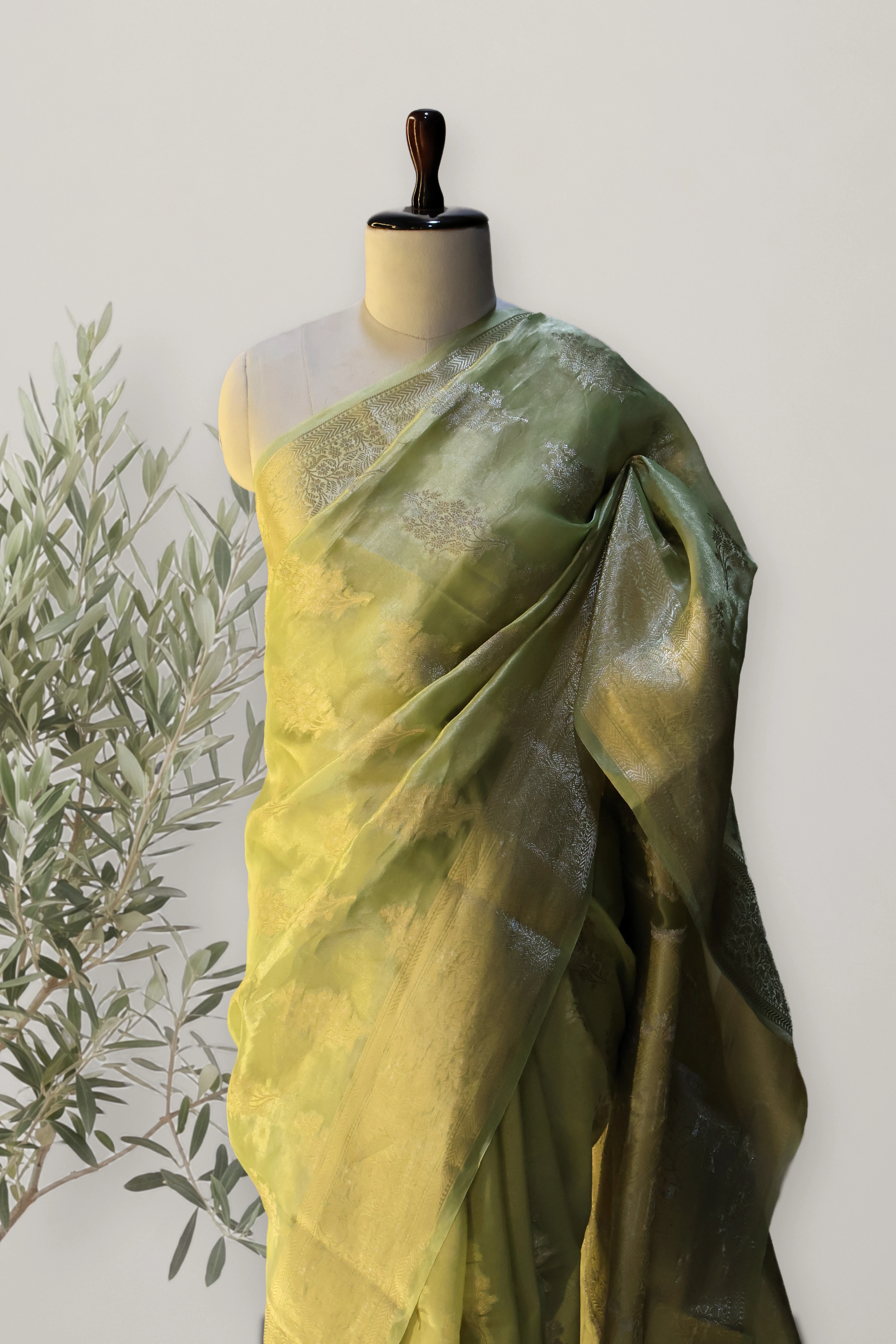 Banarasi Floral Buta Saree: the whole piece, laid out. Banarasi tissue.