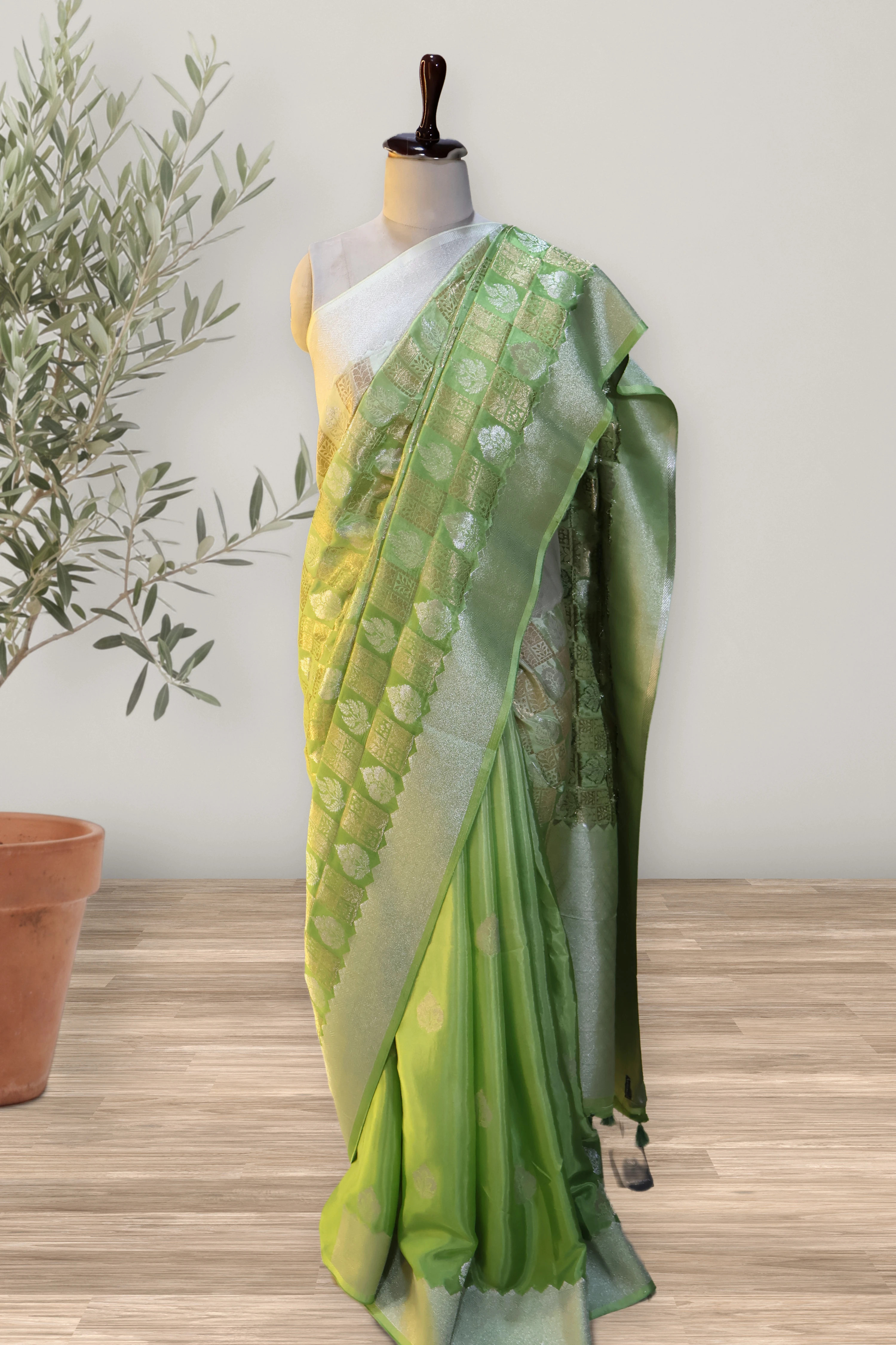 Royal Zari Woven Saree: the whole piece, laid out. Banarasi.