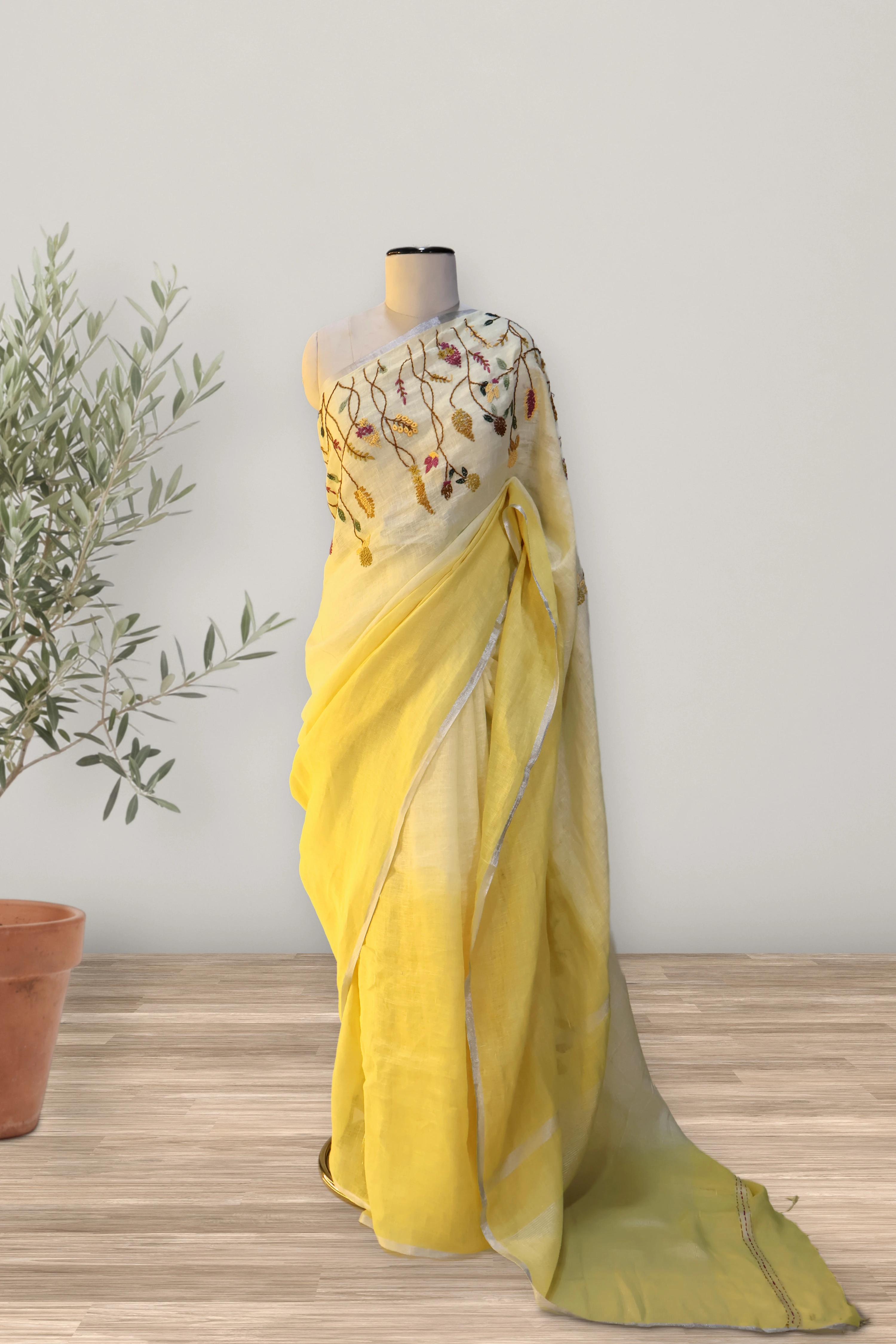 Hand-Embroidered Cotton Linen Saree: the whole piece, laid out. Cotton Linen.