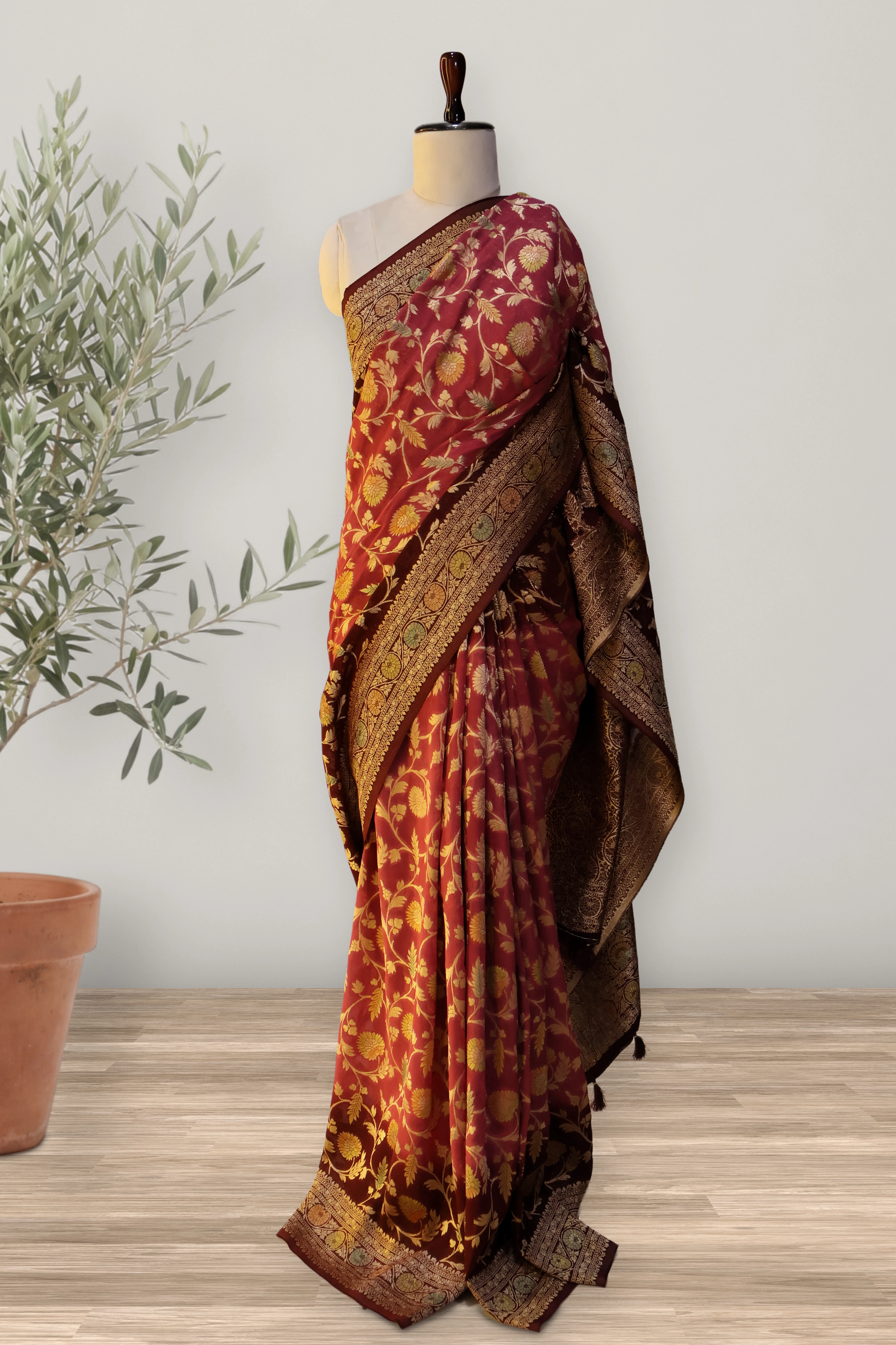 Banarasi Viscose Georgette: the whole piece, laid out. Banarasi.