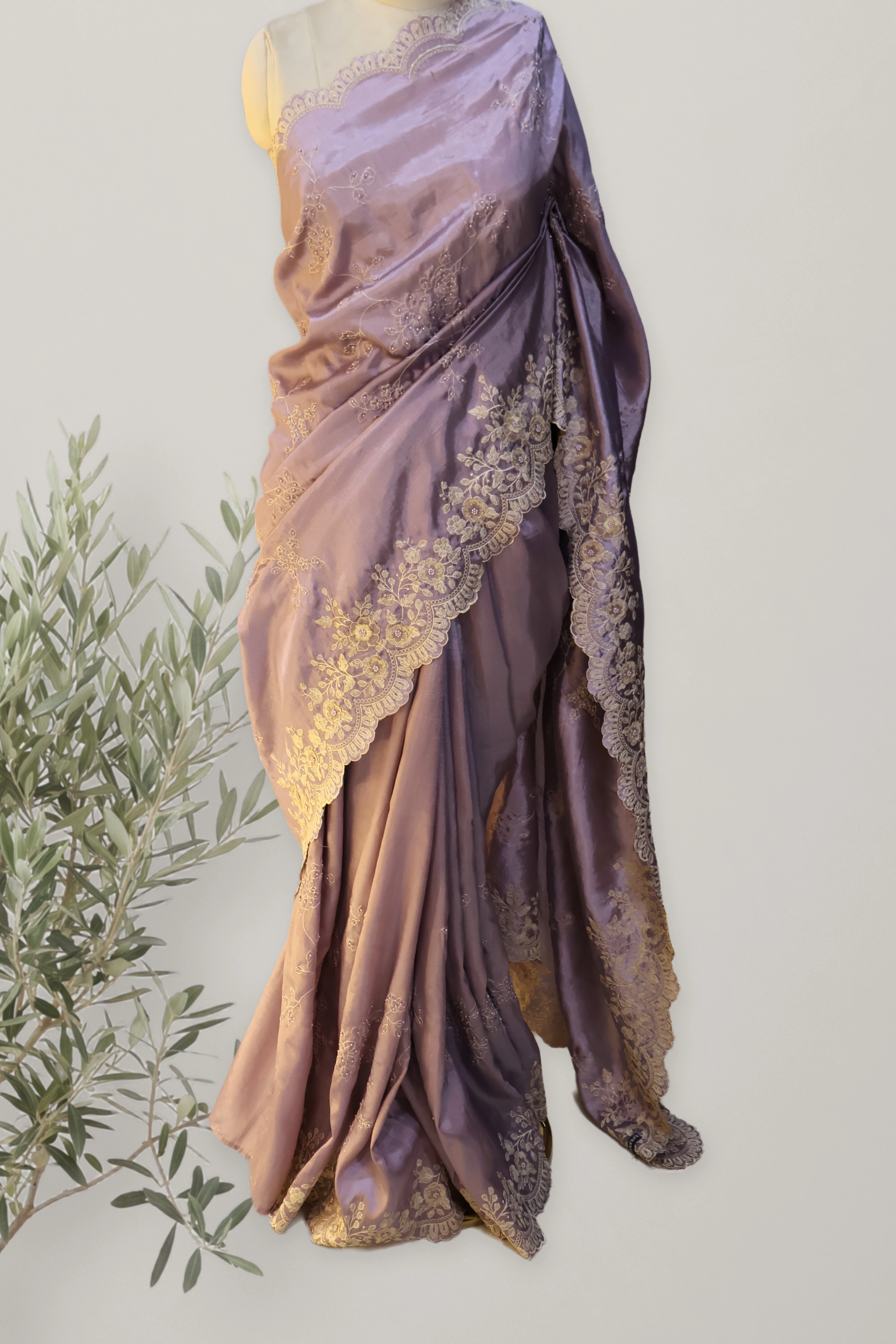 Crepe Saree: the whole piece, laid out. Embroidered Crepe.