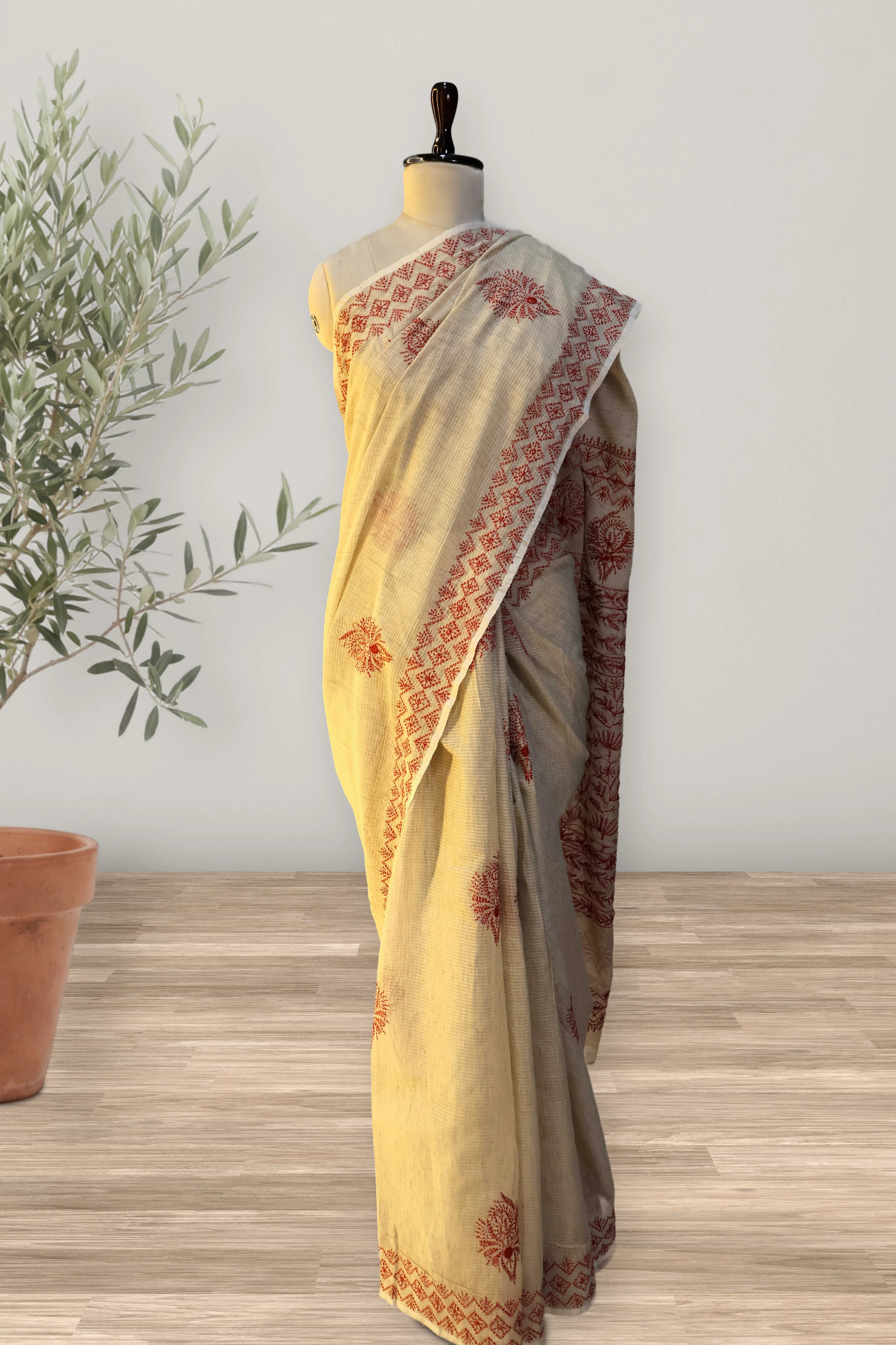 Lucknowi Chikankari Kota Doria Saree: the whole piece, laid out. Chikankari Kota Doria.