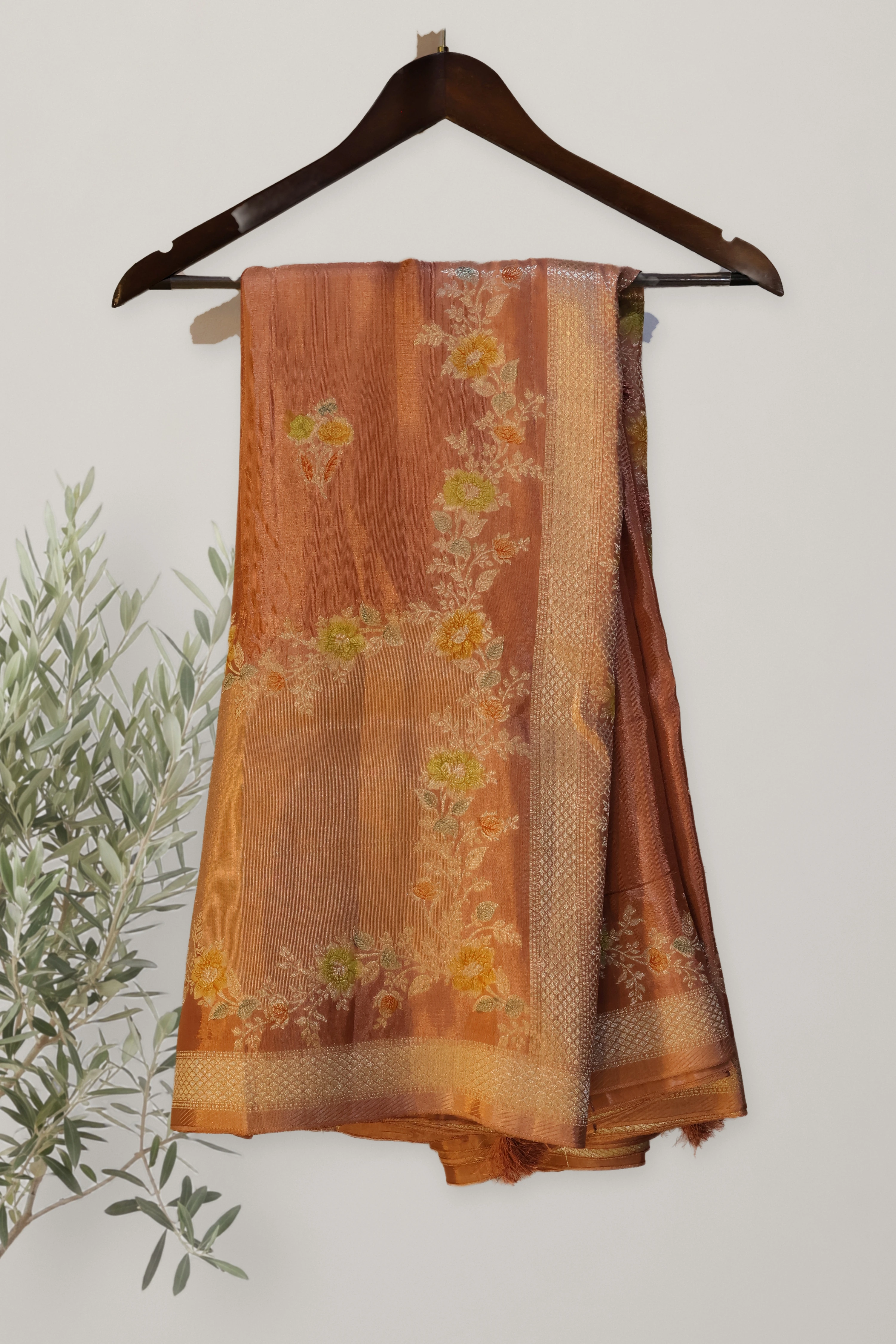 Banarasi Viscose Matka Silk: a detail of the work. Banarasi Viscose Matka Silk Hand Dye.