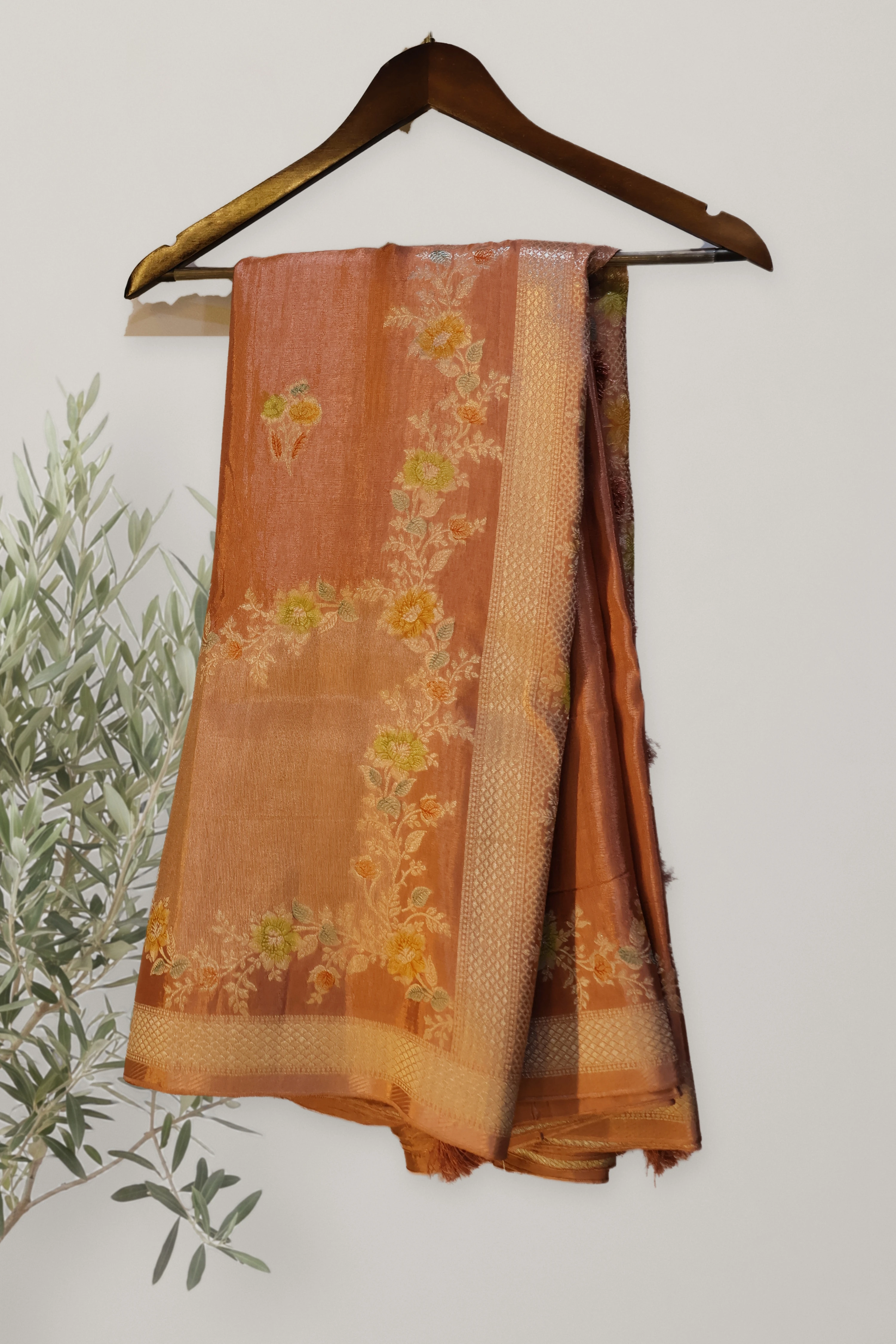 Banarasi Viscose Matka Silk: the whole piece, laid out. Banarasi Viscose Matka Silk Hand Dye.