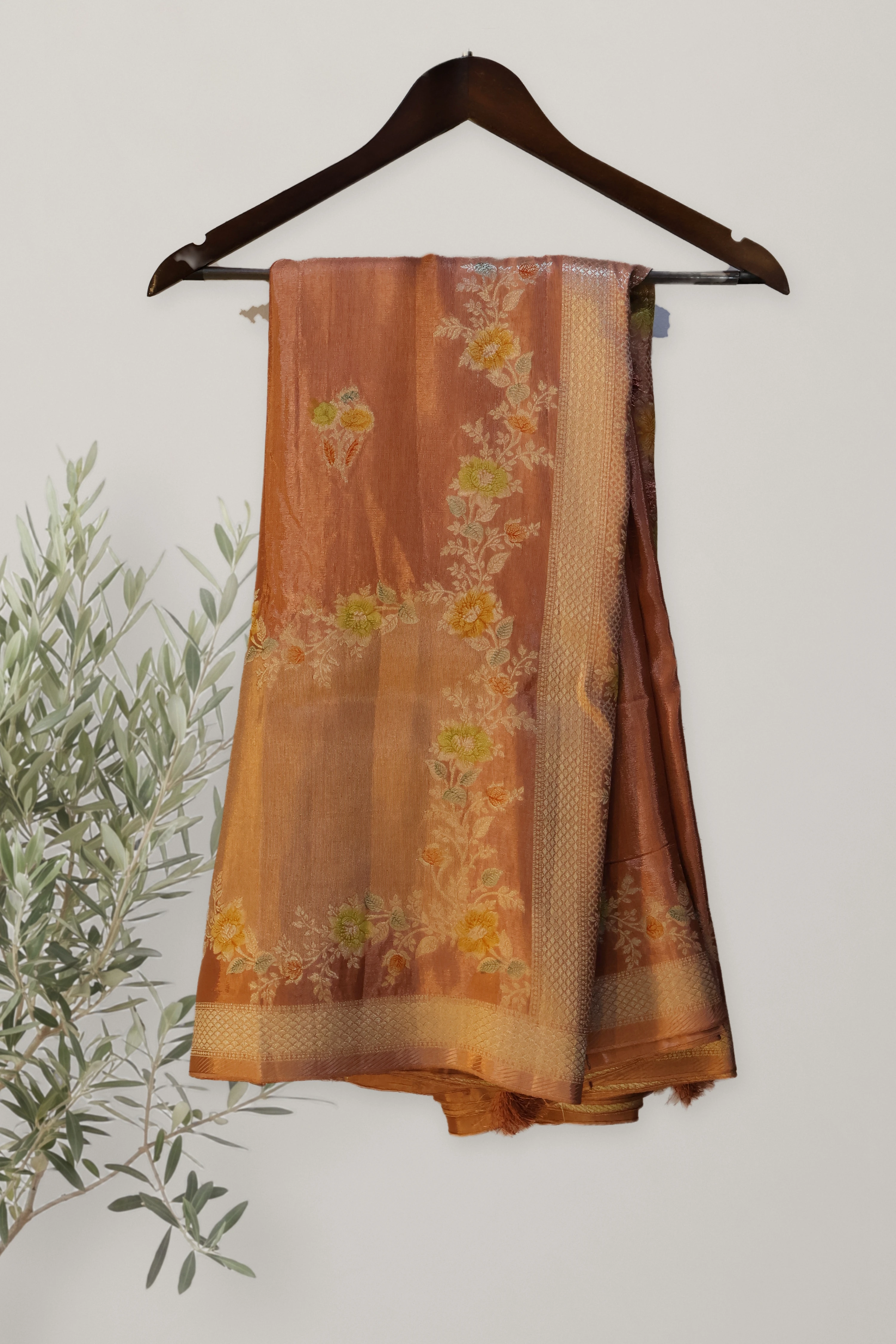 Banarasi Viscose Matka Silk: a detail of the work. Banarasi Viscose Matka Silk Hand Dye.