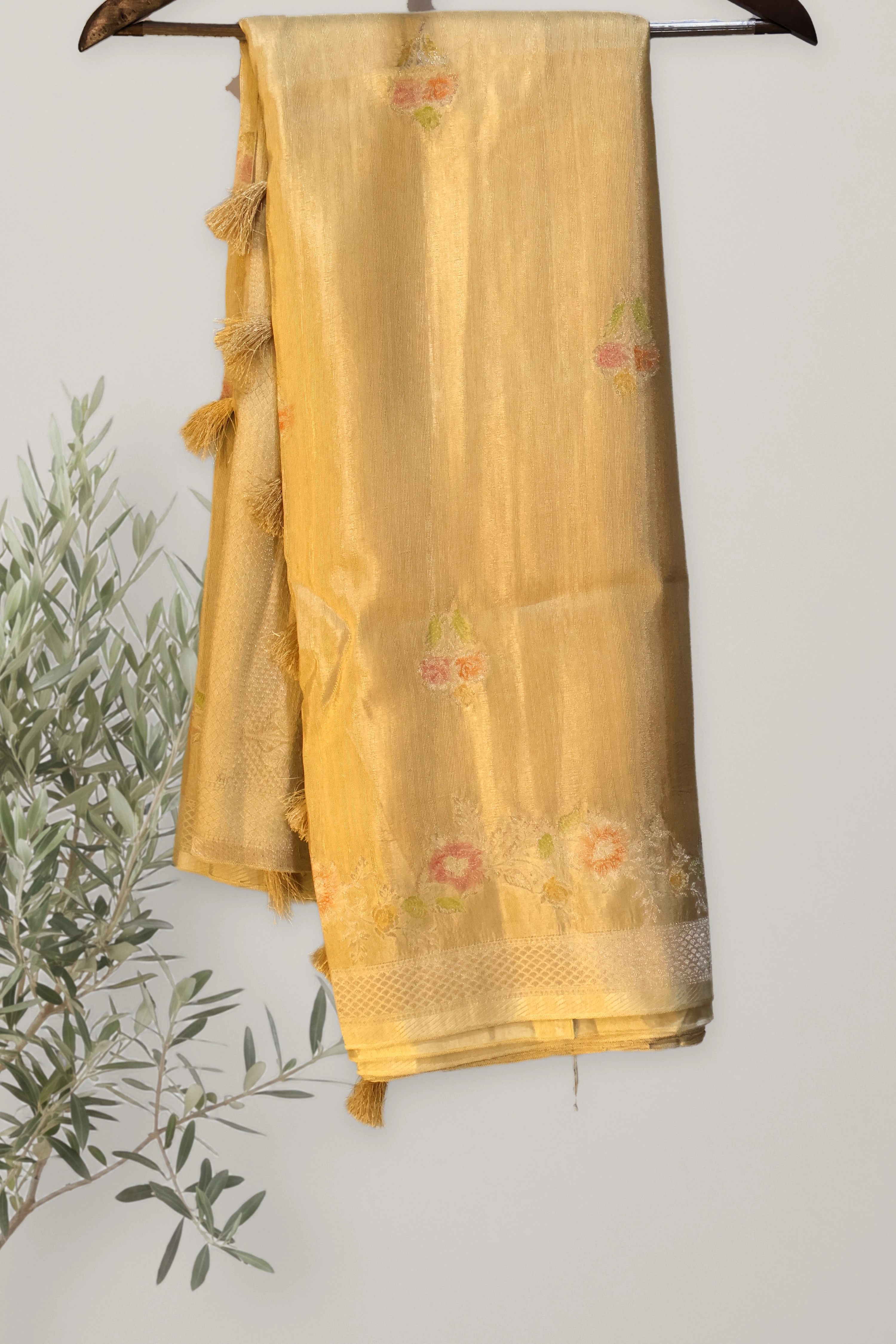 Banarasi Viscose Matka Silk: a detail of the work. Banarasi Viscose Matka Silk Hand Dye.