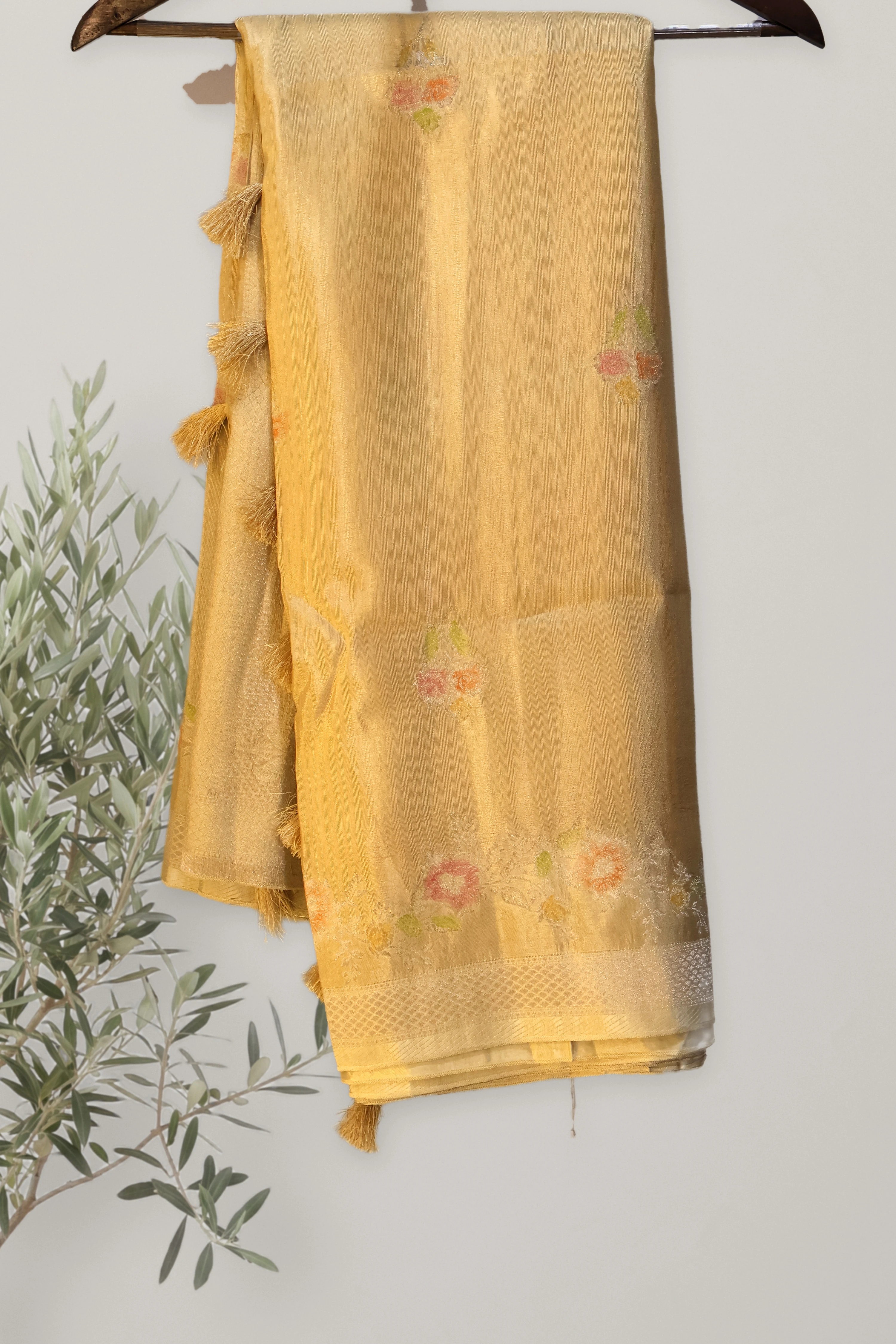 Banarasi Viscose Matka Silk: a detail of the work. Banarasi Viscose Matka Silk Hand Dye.