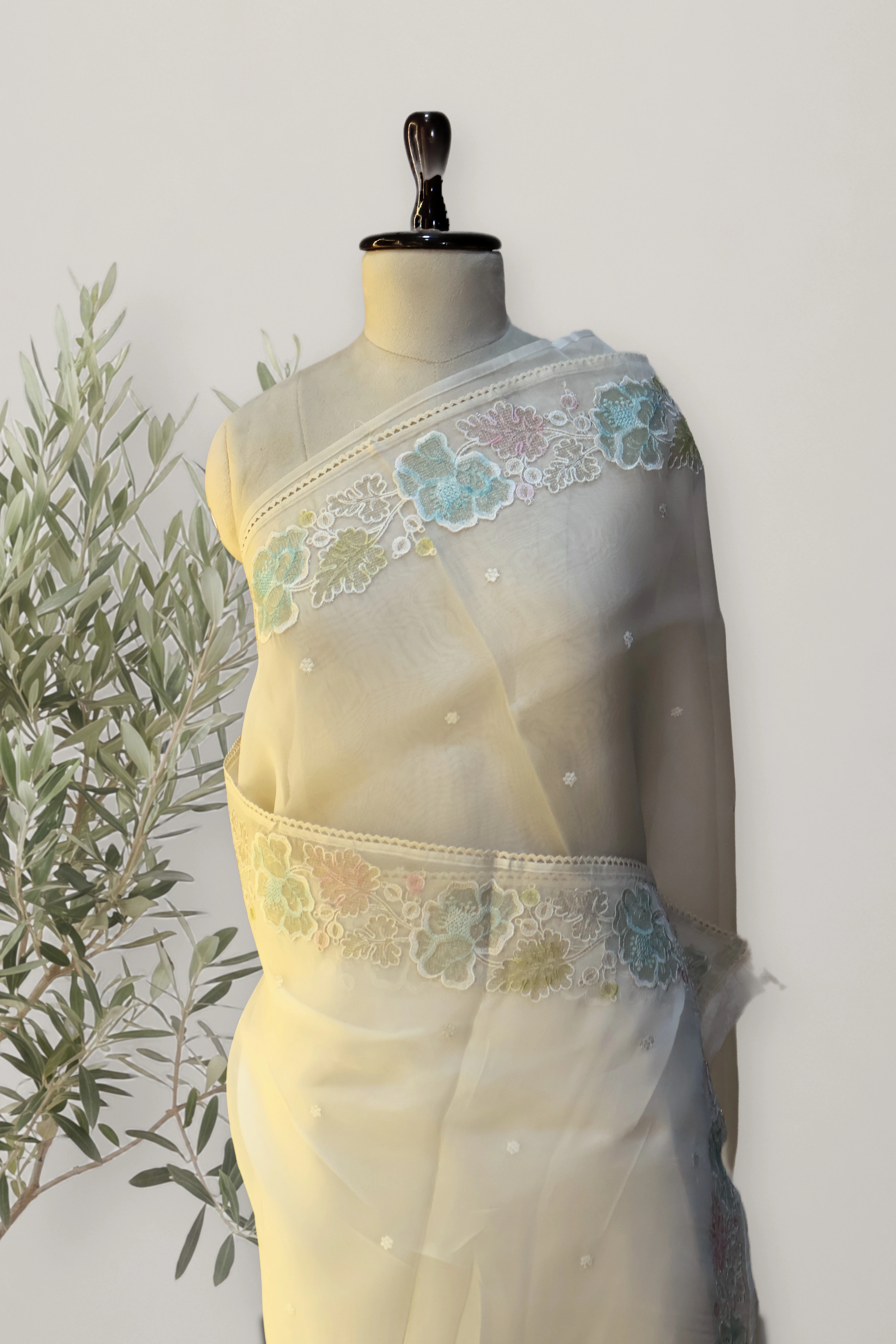 Whisper Bloom Organza Saree: a detail of the work. Pure Sheer Silk Organza.