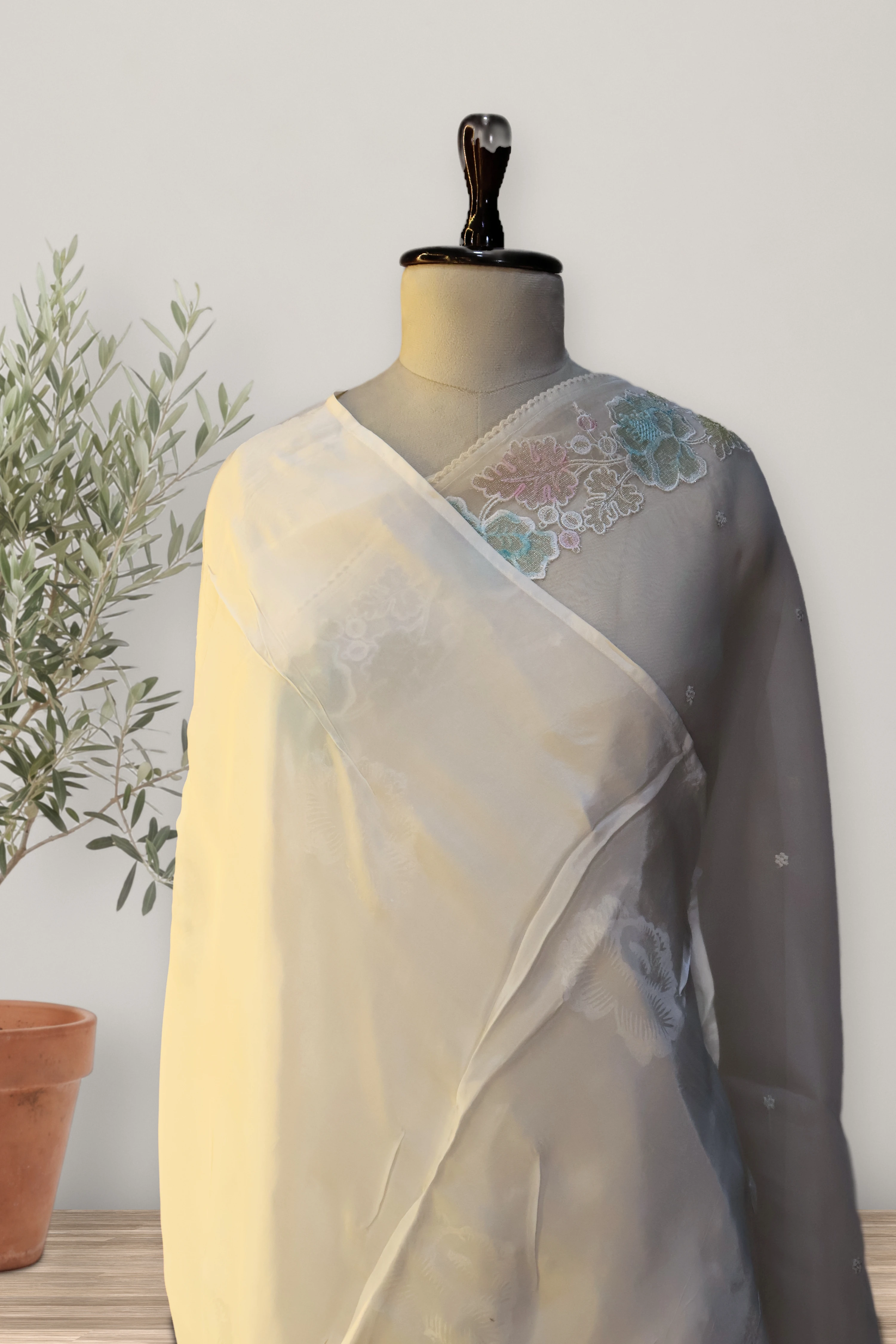 Whisper Bloom Organza Saree: a detail of the work. Pure Sheer Silk Organza.