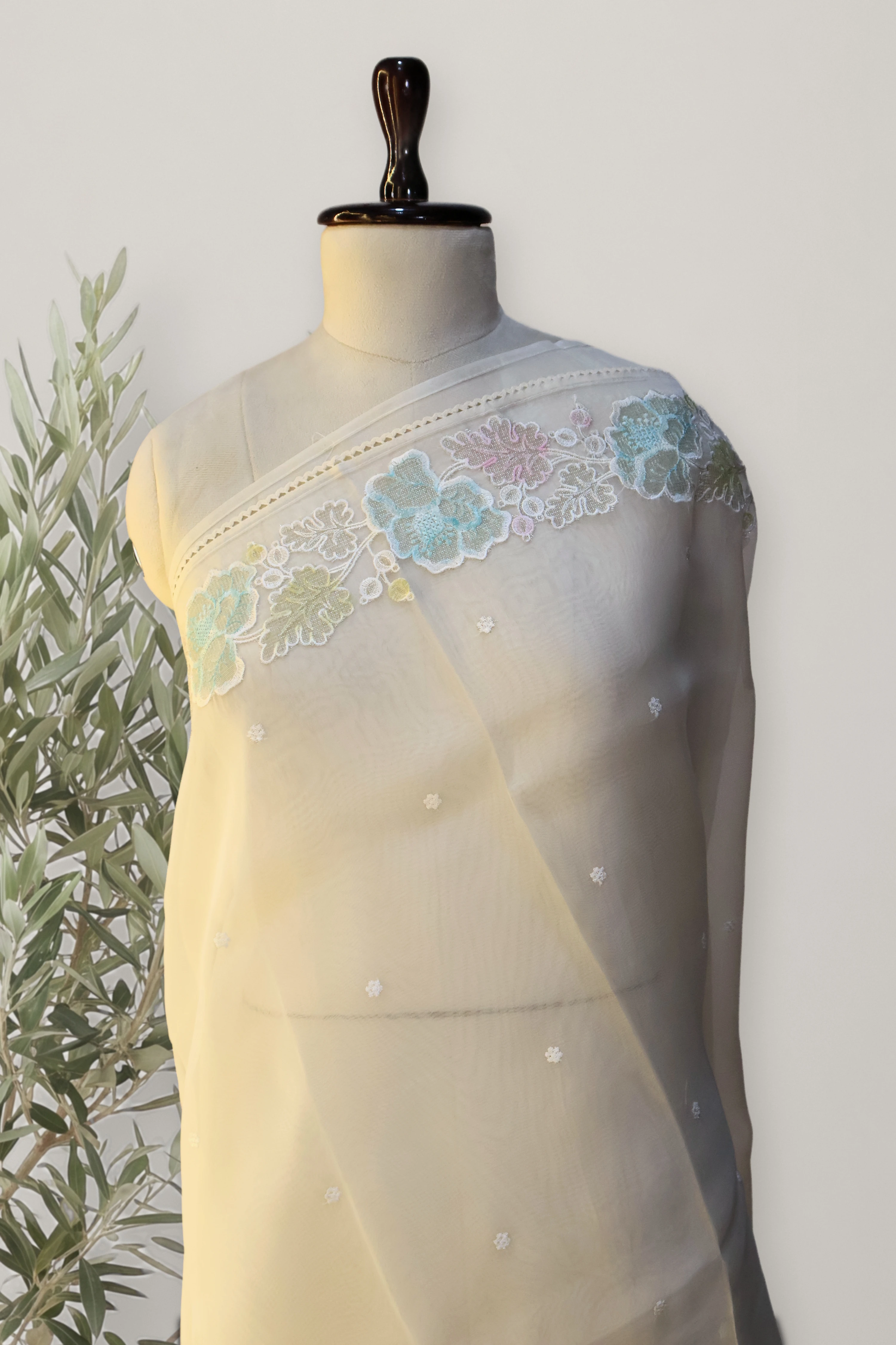 Whisper Bloom Organza Saree: a detail of the work. Pure Sheer Silk Organza.
