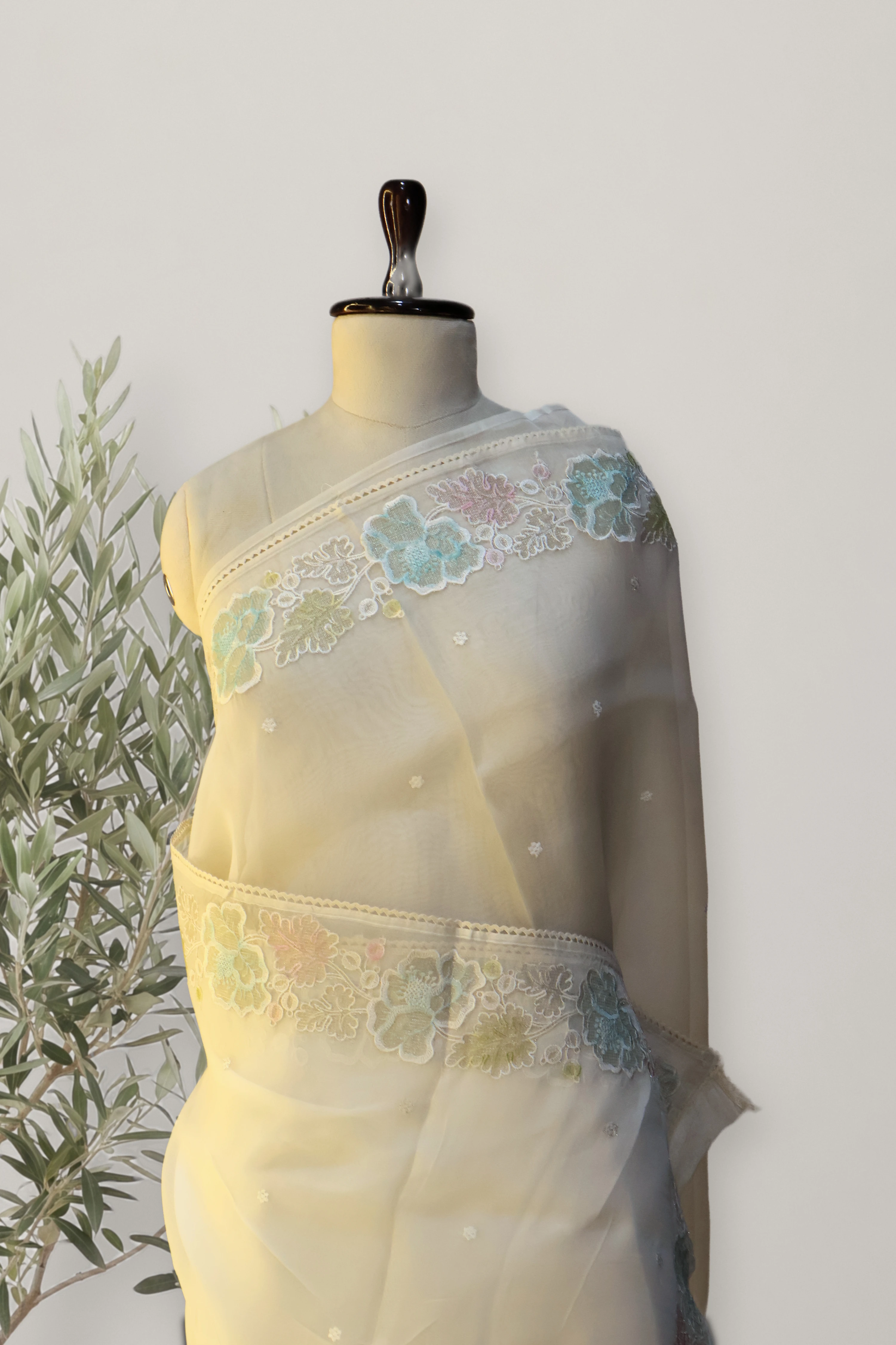 Whisper Bloom Organza Saree: a detail of the work. Pure Sheer Silk Organza.