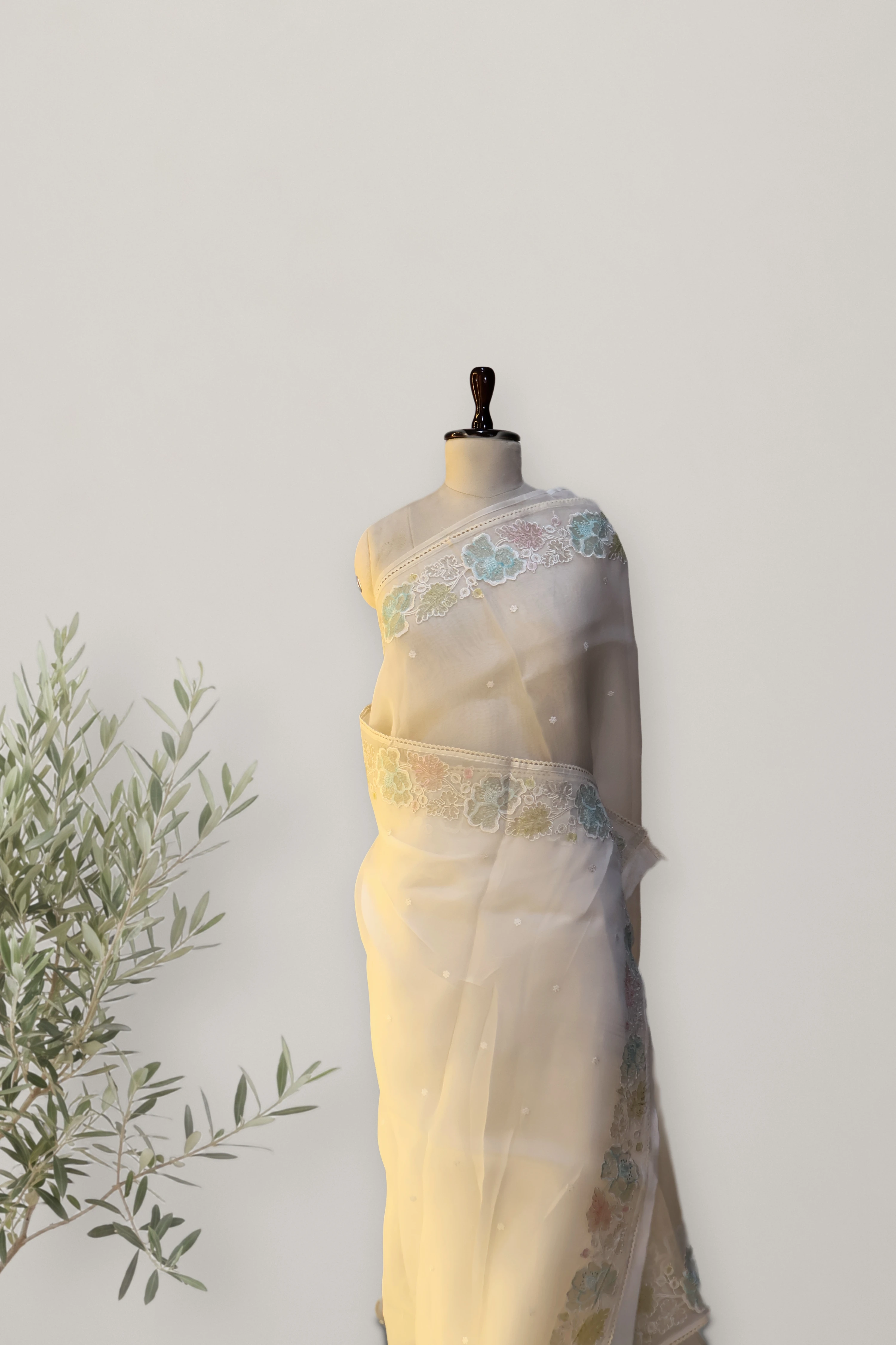 Whisper Bloom Organza Saree: a detail of the work. Pure Sheer Silk Organza.