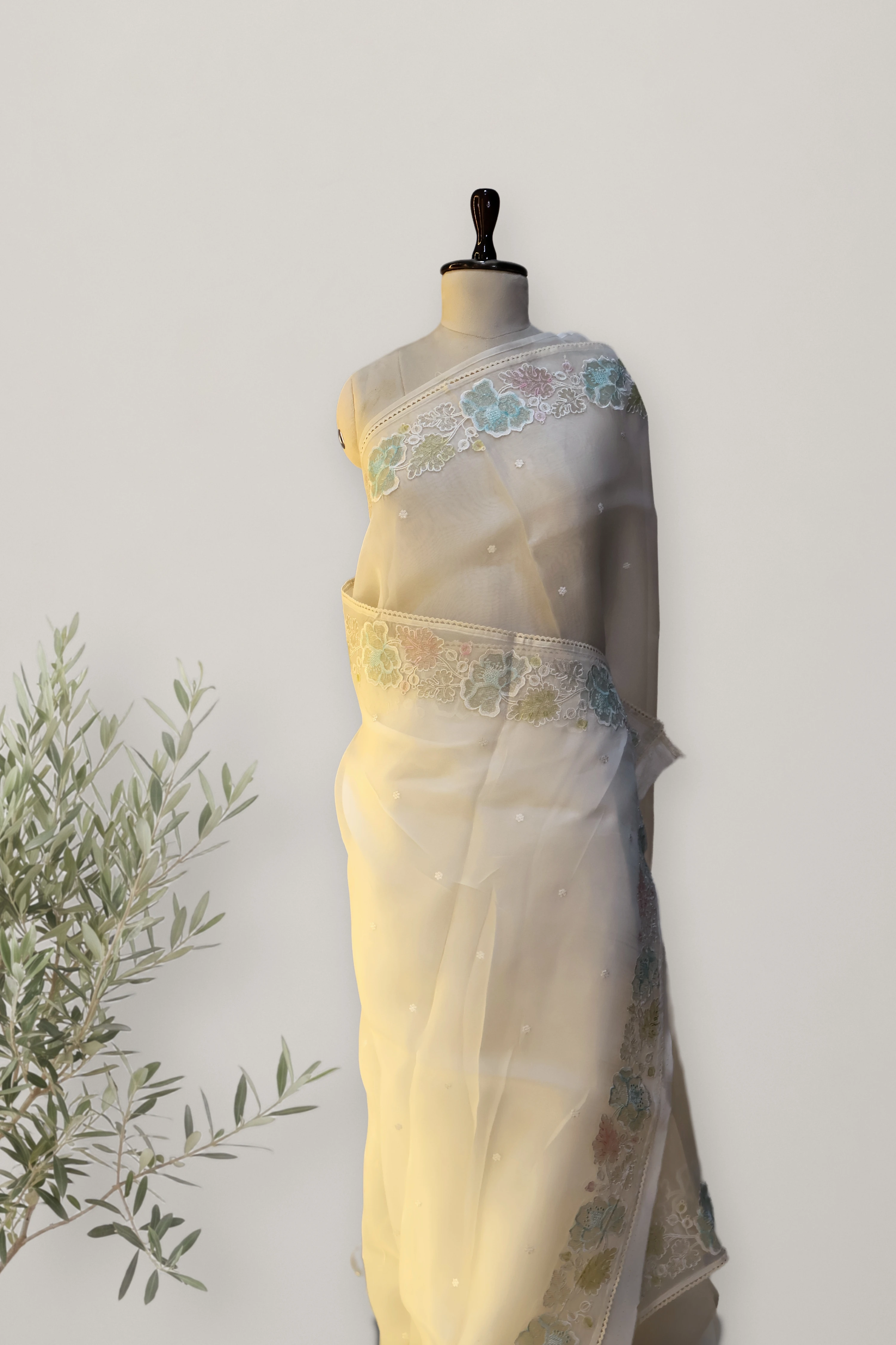 Whisper Bloom Organza Saree: the whole piece, laid out. Pure Sheer Silk Organza.