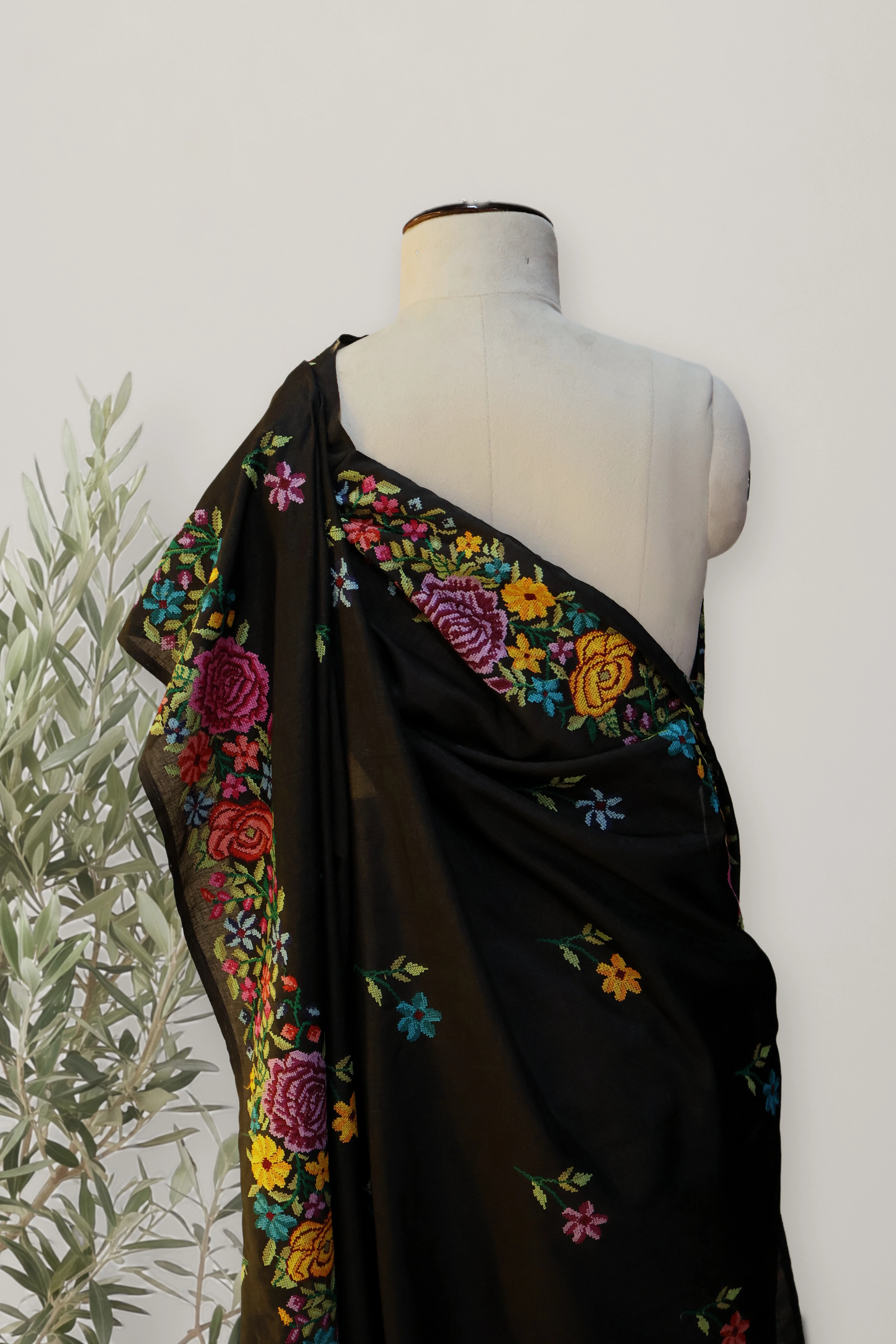 Floral Blush Chanderi Saree: a detail of the work. Premium Sheer Chanderi.