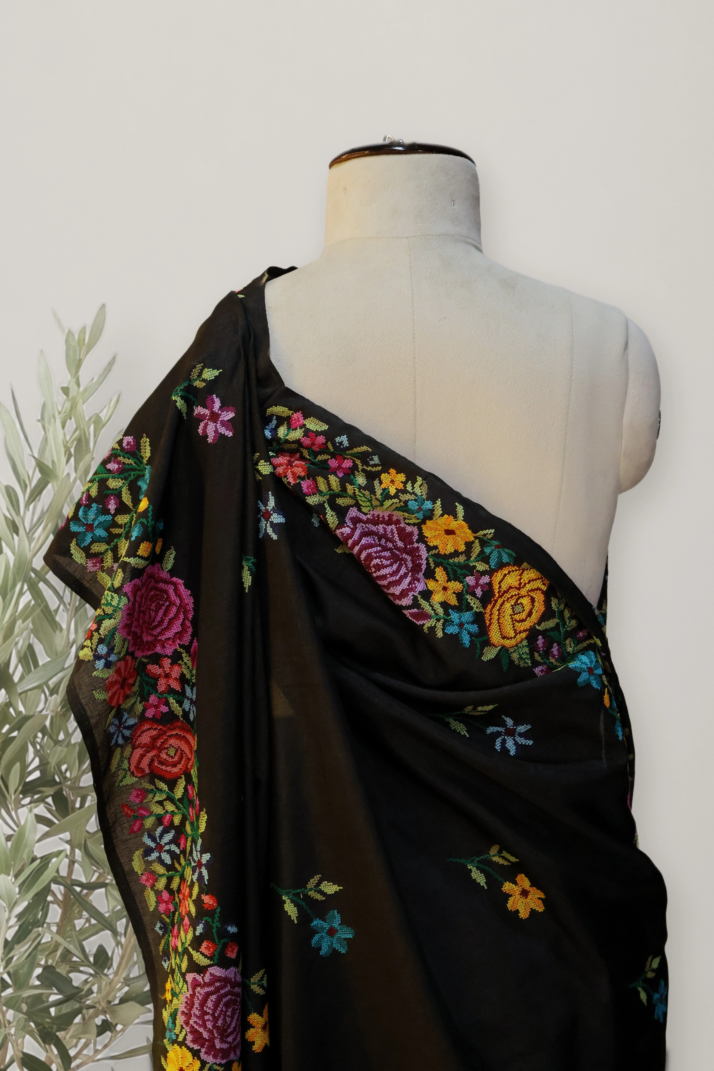 Floral Blush Chanderi Saree: a detail of the work. Premium Sheer Chanderi.