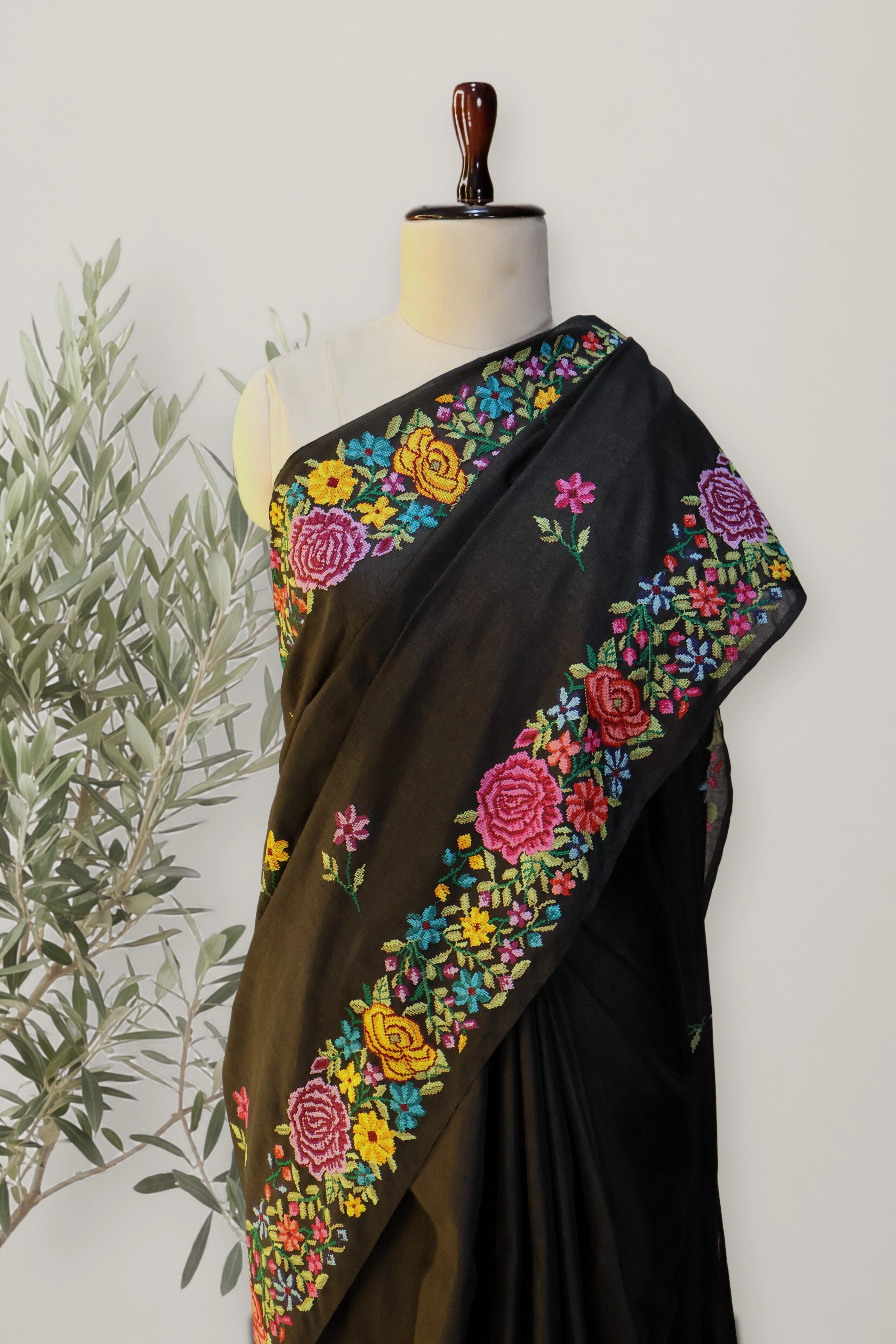 Floral Blush Chanderi Saree: the whole piece, laid out. Premium Sheer Chanderi.