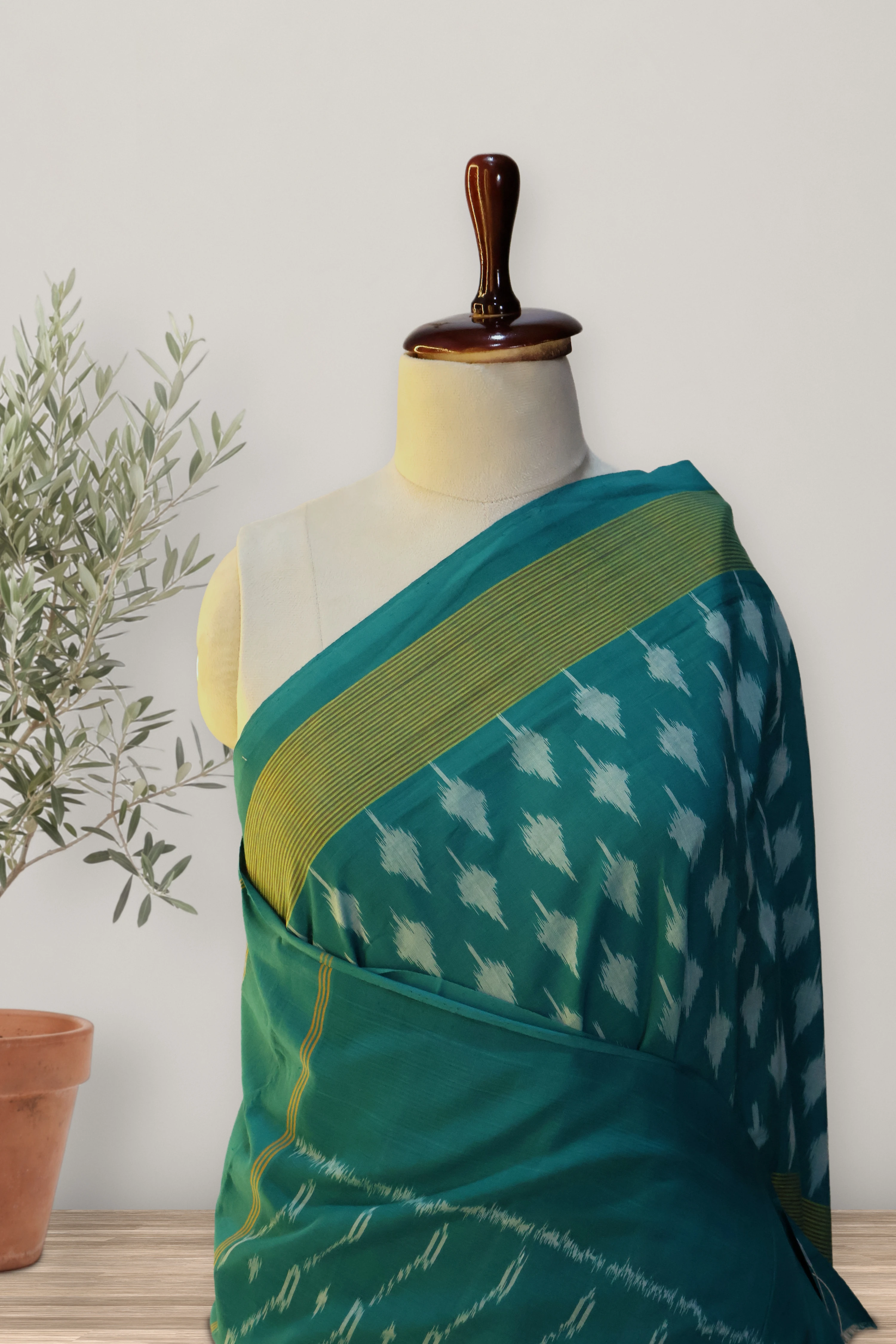 Pochampally Ikat Cotton Handloom Saree: the whole piece, laid out. Pochampally Ikat Cotton.