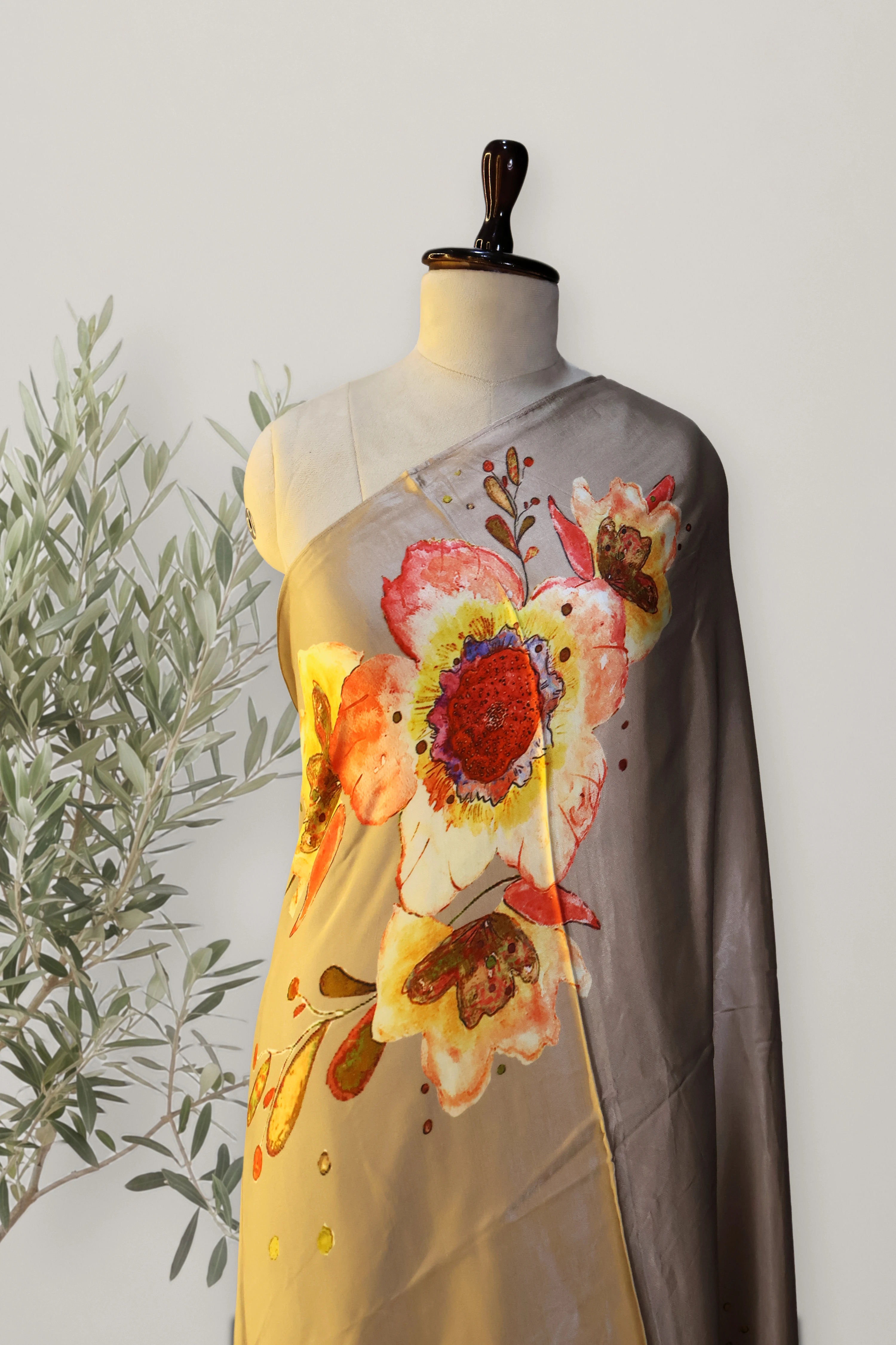 Ivory Bloom Crepe Saree: a detail of the work. Crepe.