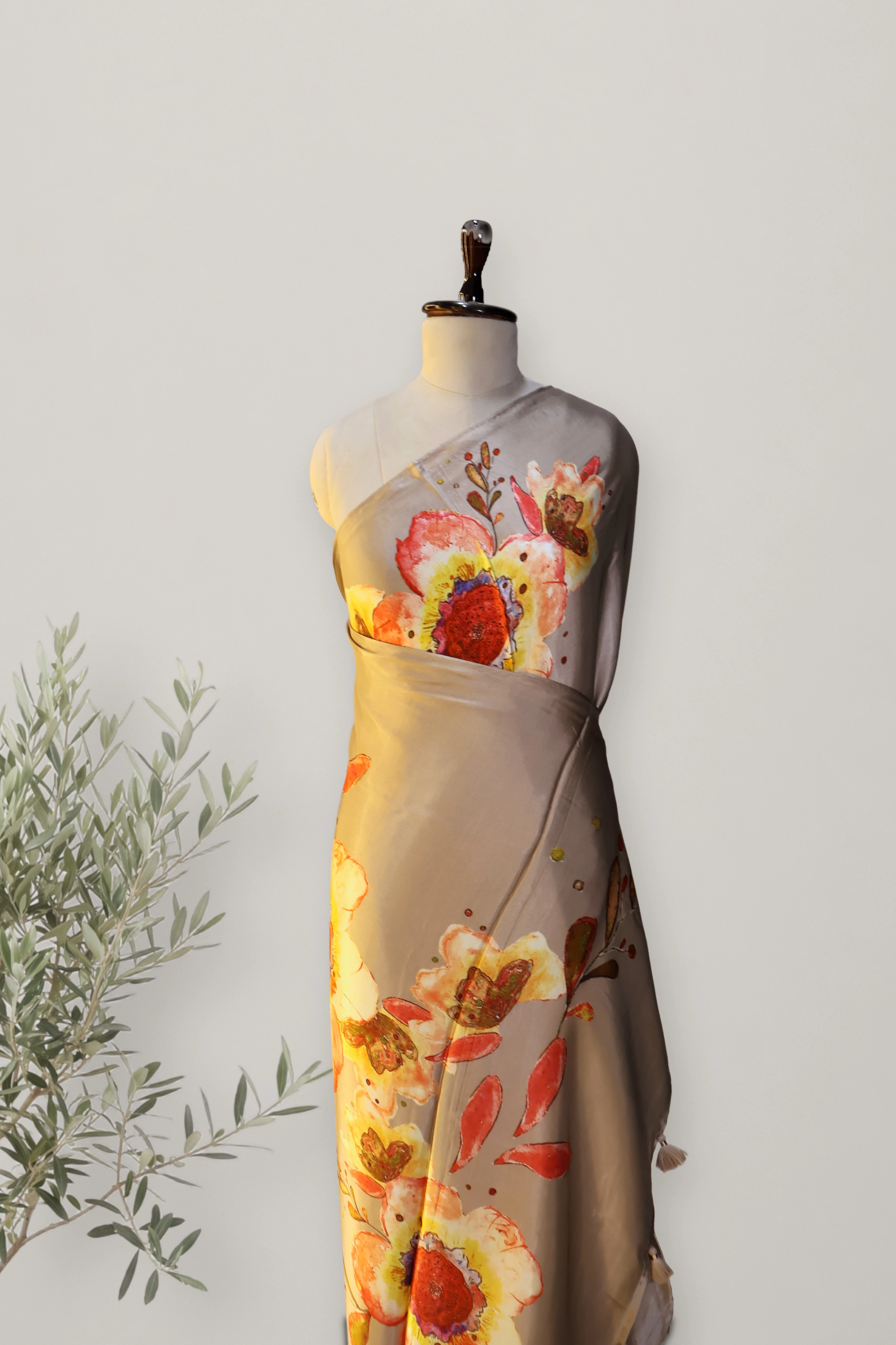 Ivory Bloom Crepe Saree: the whole piece, laid out. Crepe.