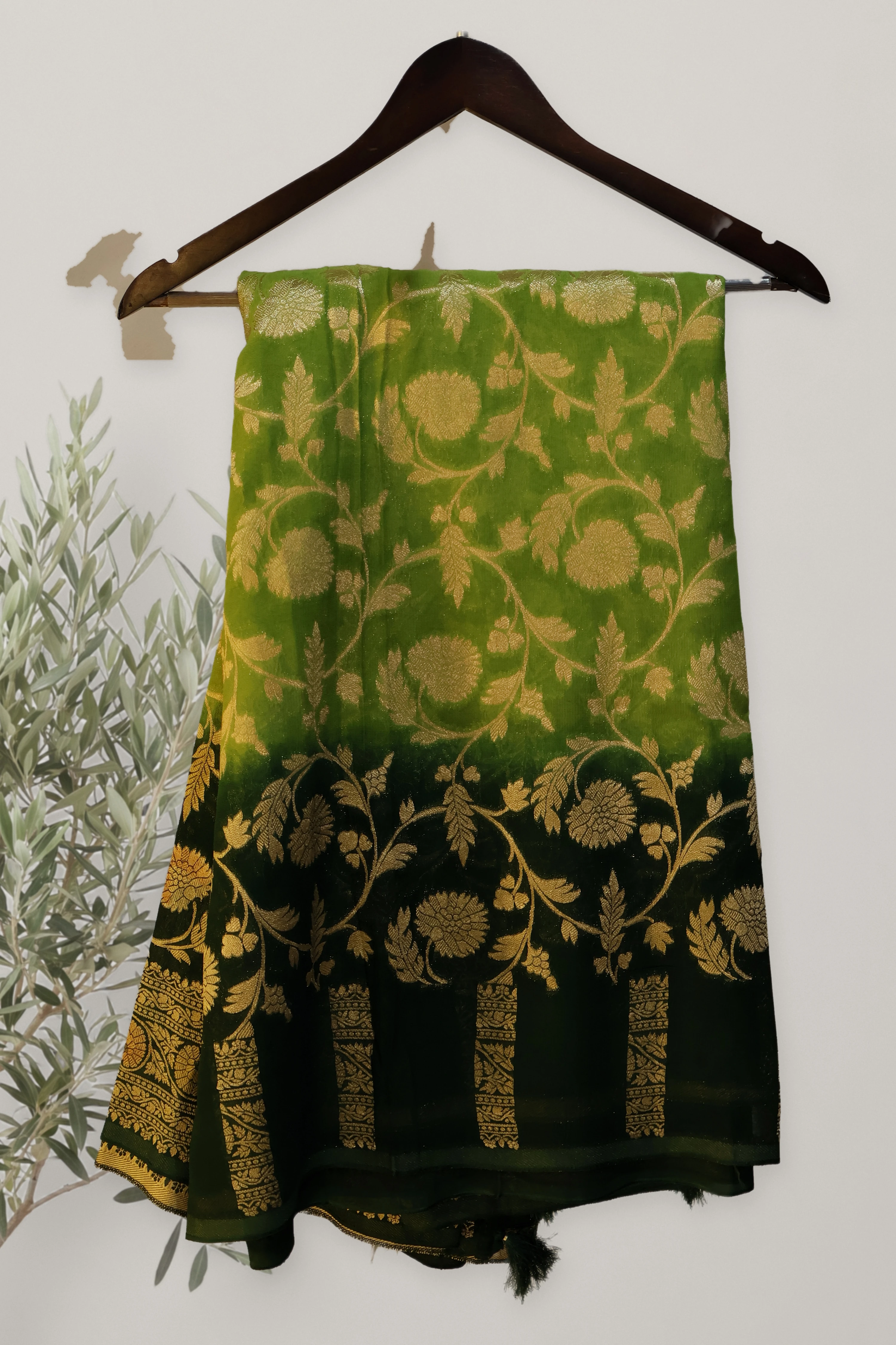 Banarasi viscose georgette: the whole piece, laid out. Banarasi.