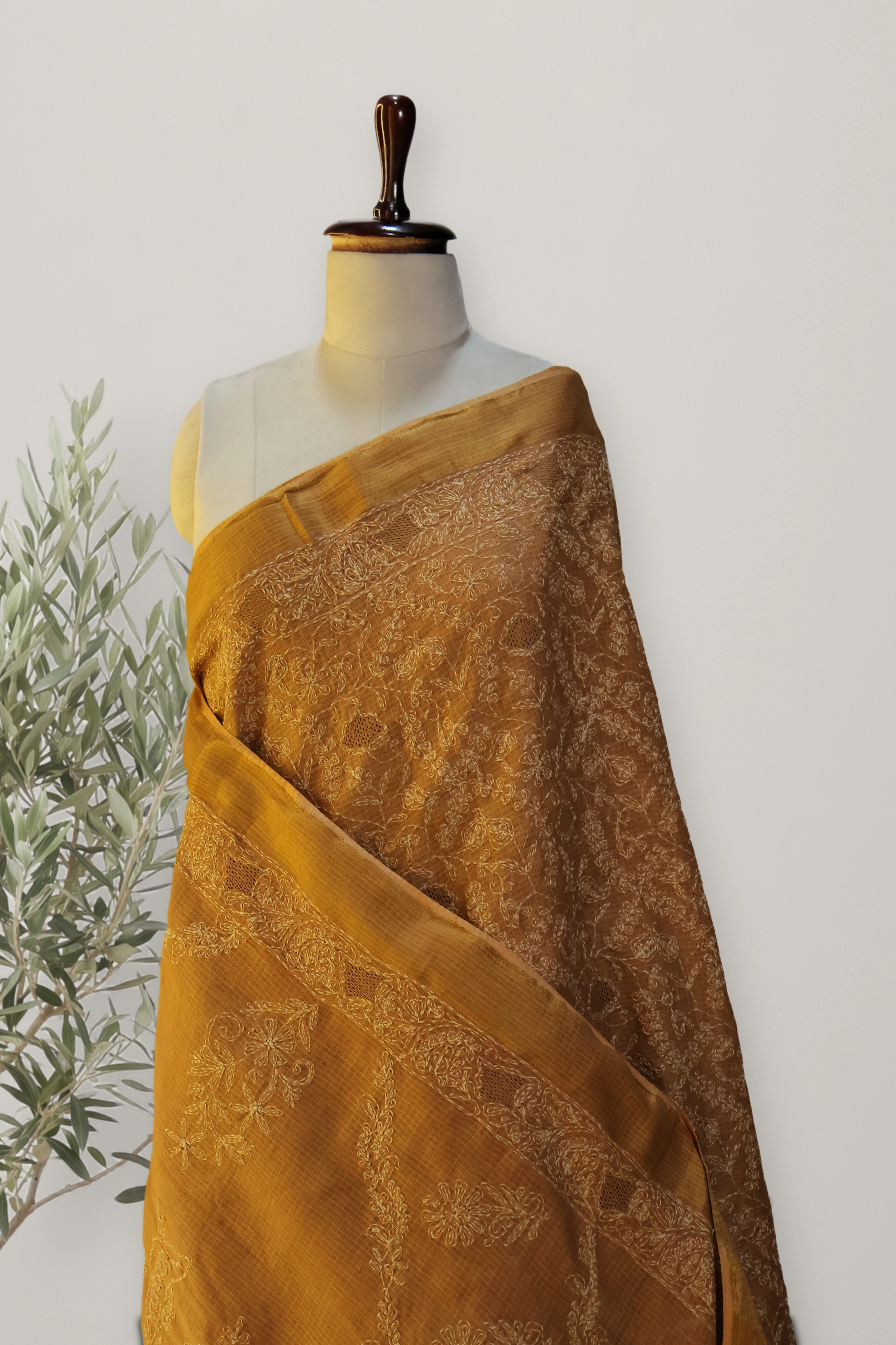 Chikankari Kota Doria Saree: the whole piece, laid out. Chikankari Kota Doria.